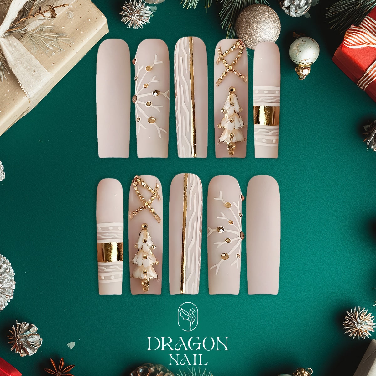 Nude Matte Christmas Press-On Nails – New Trending Gold Tree &amp; Snowflake Design