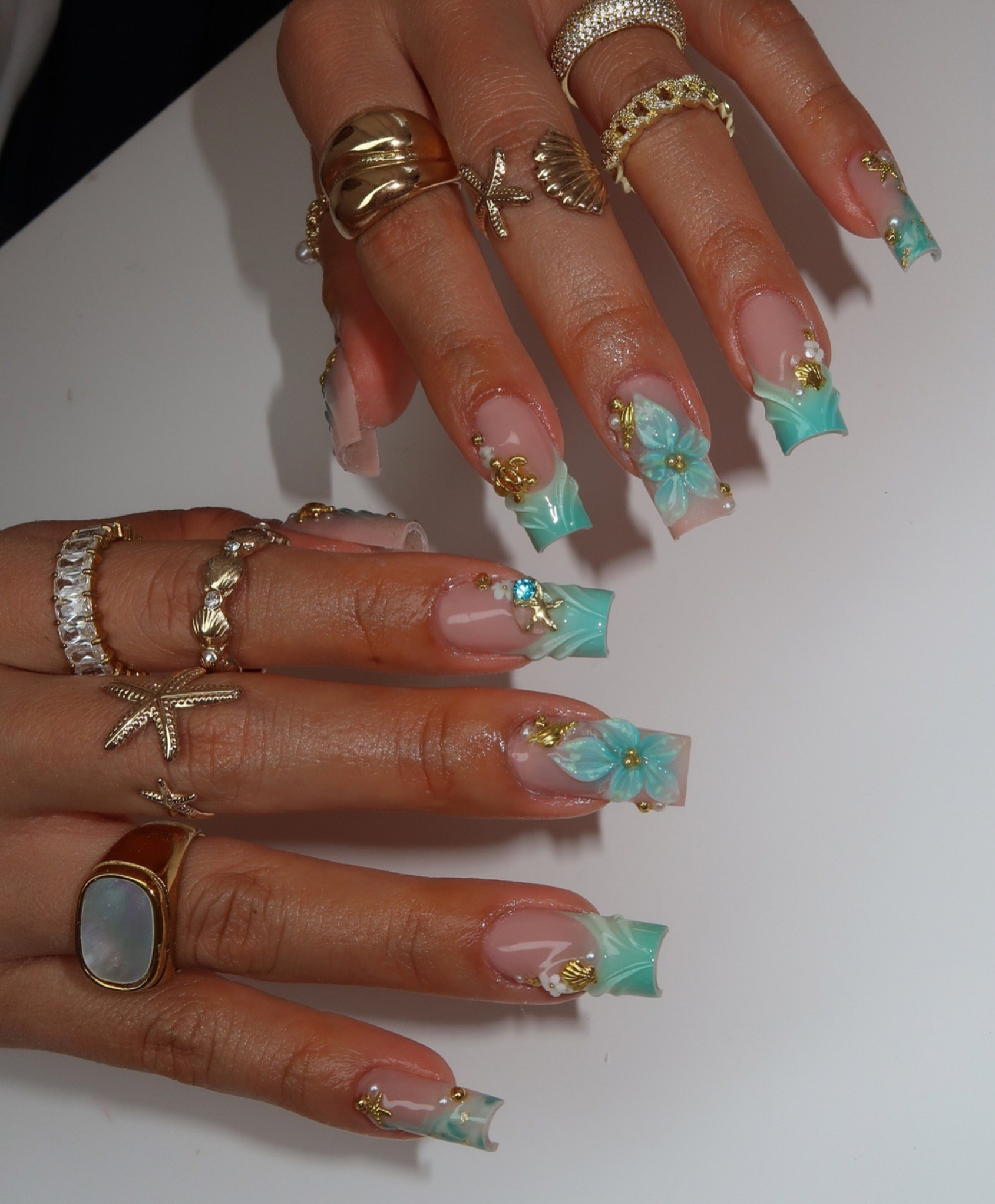 Handmade 3D Tiffany Blue Mermaid Press On Nails | Teal Flower & Gold Sea Turtle Luxury Fake Nails | Long Square Beach Nails for Summer & Cruise