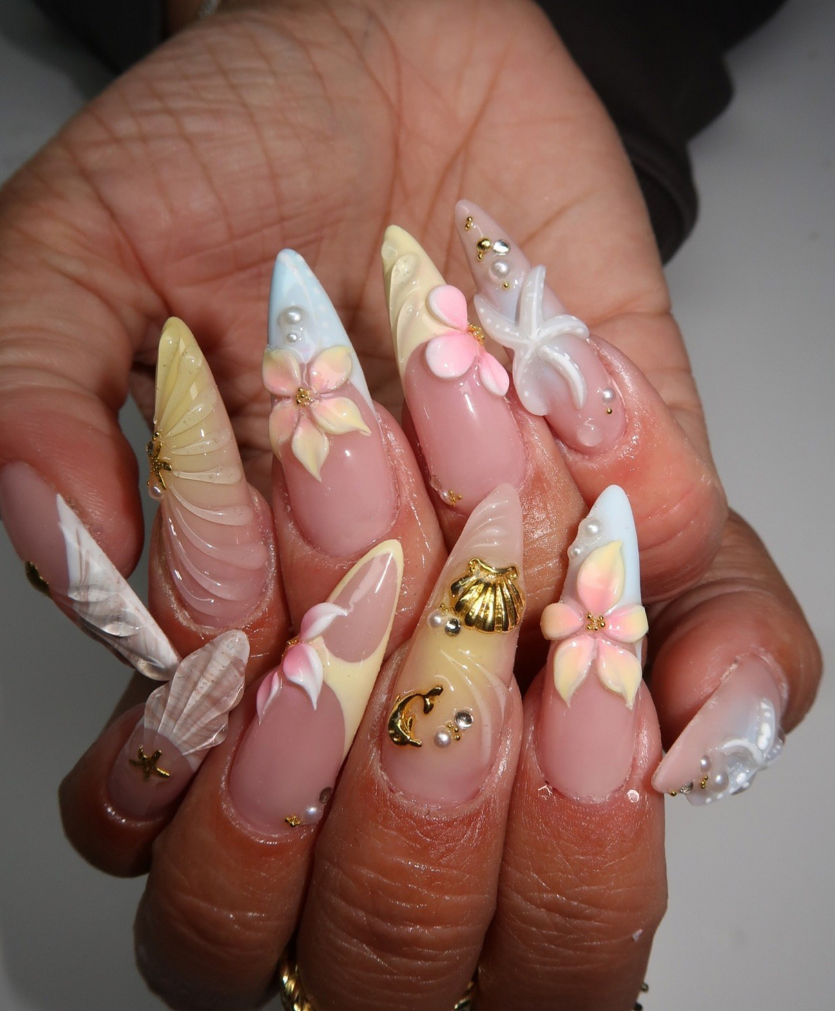 Handmade 3D Pastel Mermaid Press On Nails | Sculpted Shell & Starfish Luxury Fake Nails | Long Stiletto Beach Wedding Nails for Summer Cruise