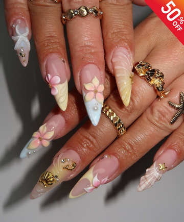 Handmade 3D Pastel Mermaid Press On Nails | Sculpted Shell & Starfish Luxury Fake Nails | Long Stiletto Beach Wedding Nails for Summer Cruise