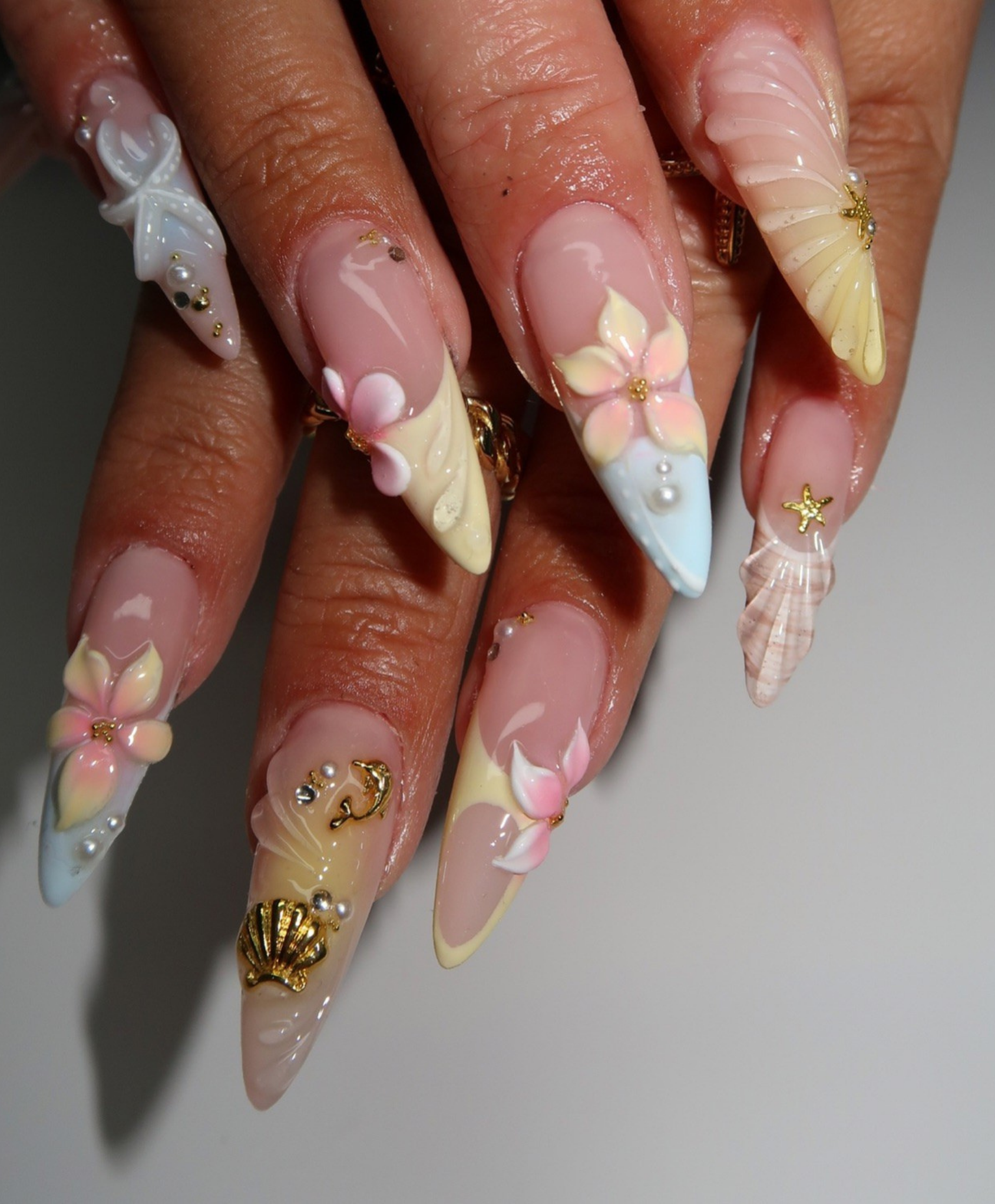 Handmade 3D Pastel Mermaid Press On Nails | Sculpted Shell & Starfish Luxury Fake Nails | Long Stiletto Beach Wedding Nails for Summer Cruise