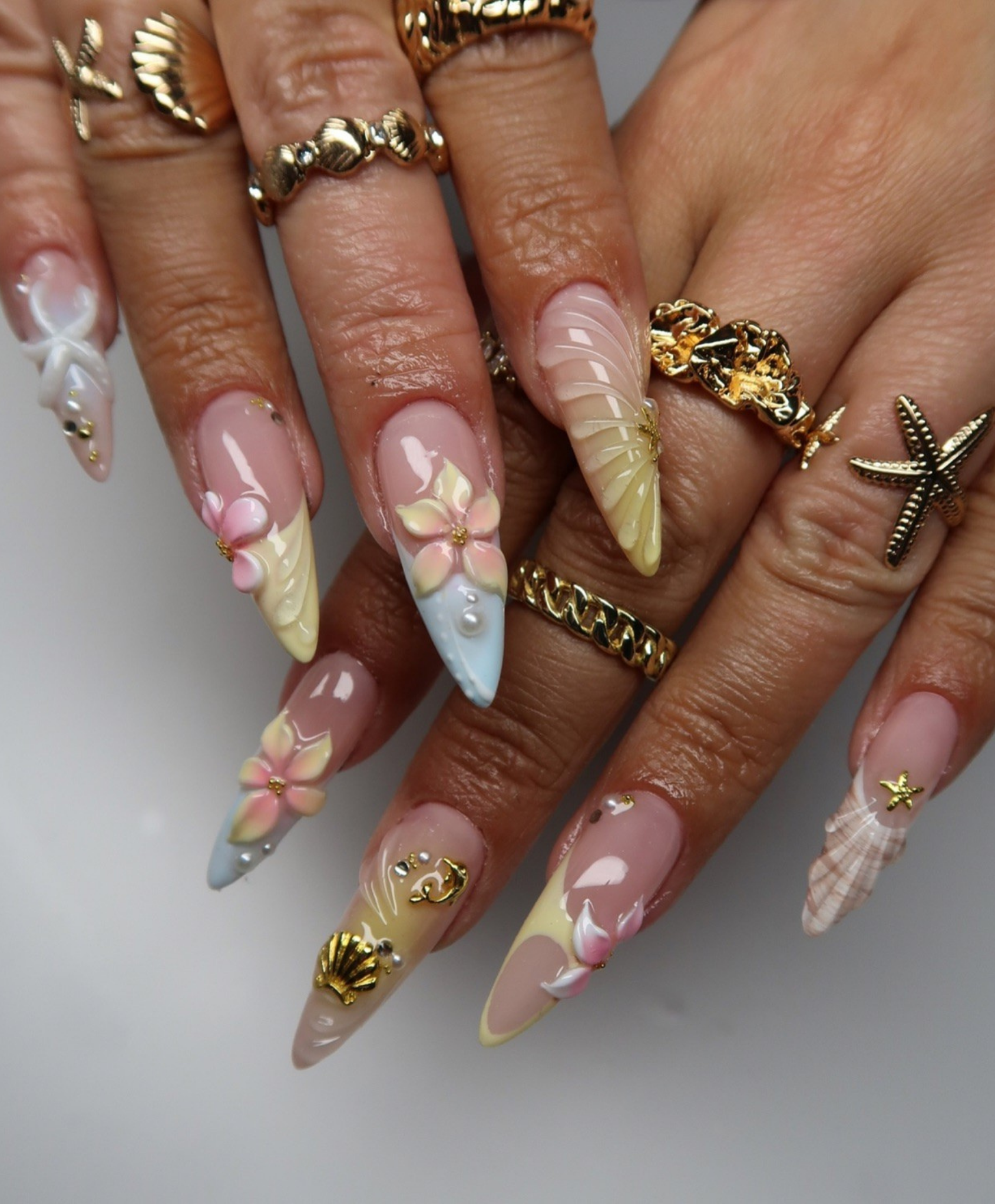 Handmade 3D Pastel Mermaid Press On Nails | Sculpted Shell & Starfish Luxury Fake Nails | Long Stiletto Beach Wedding Nails for Summer Cruise