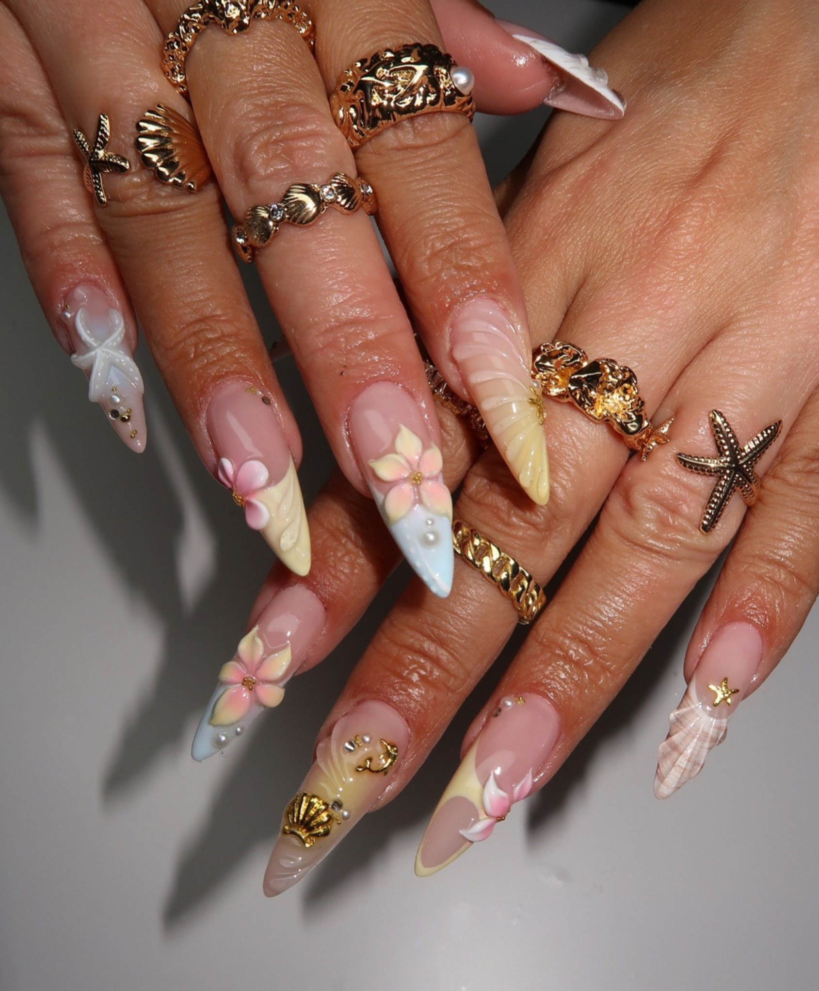 Handmade 3D Pastel Mermaid Press On Nails | Sculpted Shell & Starfish Luxury Fake Nails | Long Stiletto Beach Wedding Nails for Summer Cruise