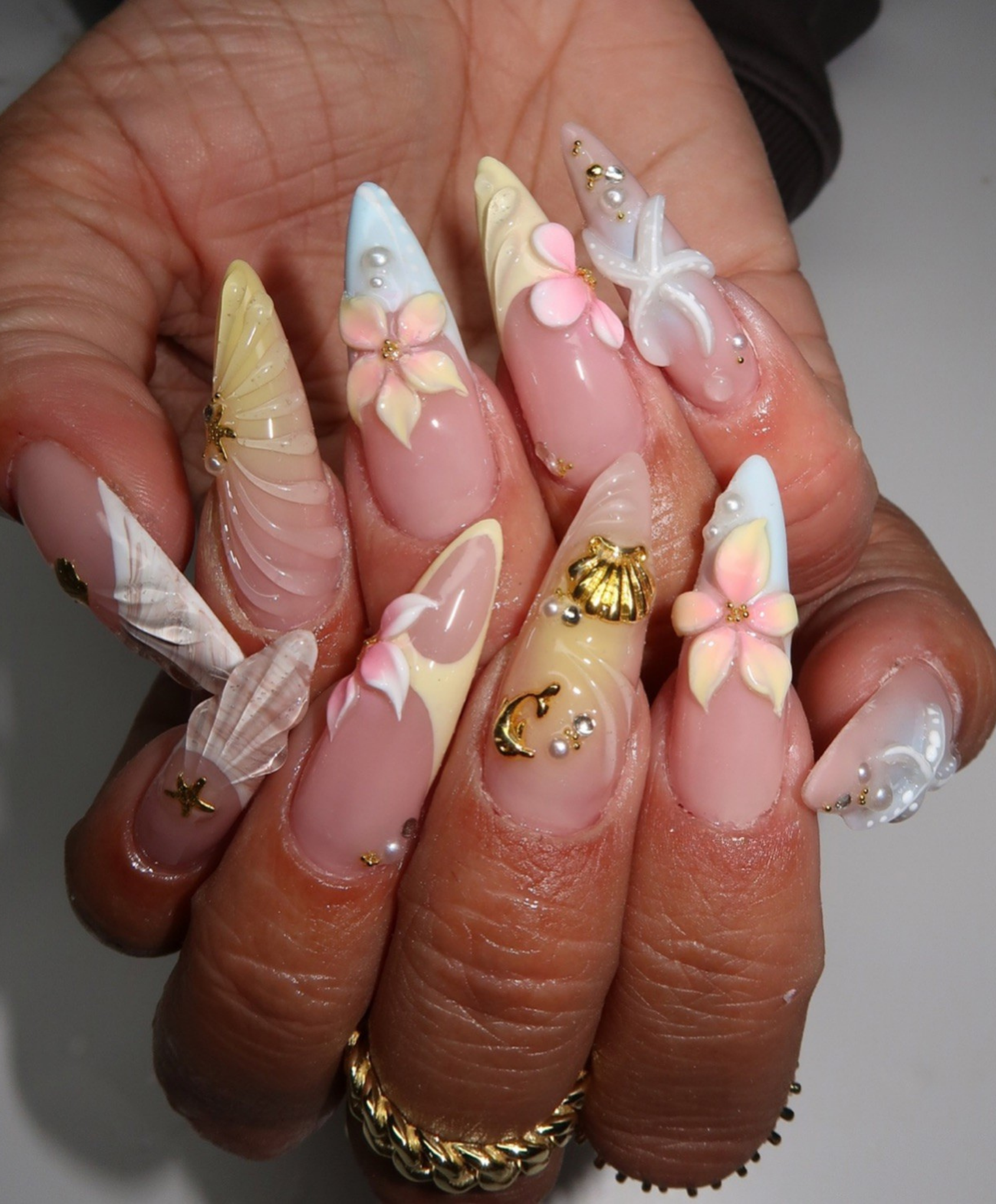 Handmade 3D Pastel Mermaid Press On Nails | Sculpted Shell & Starfish Luxury Fake Nails | Long Stiletto Beach Wedding Nails for Summer Cruise
