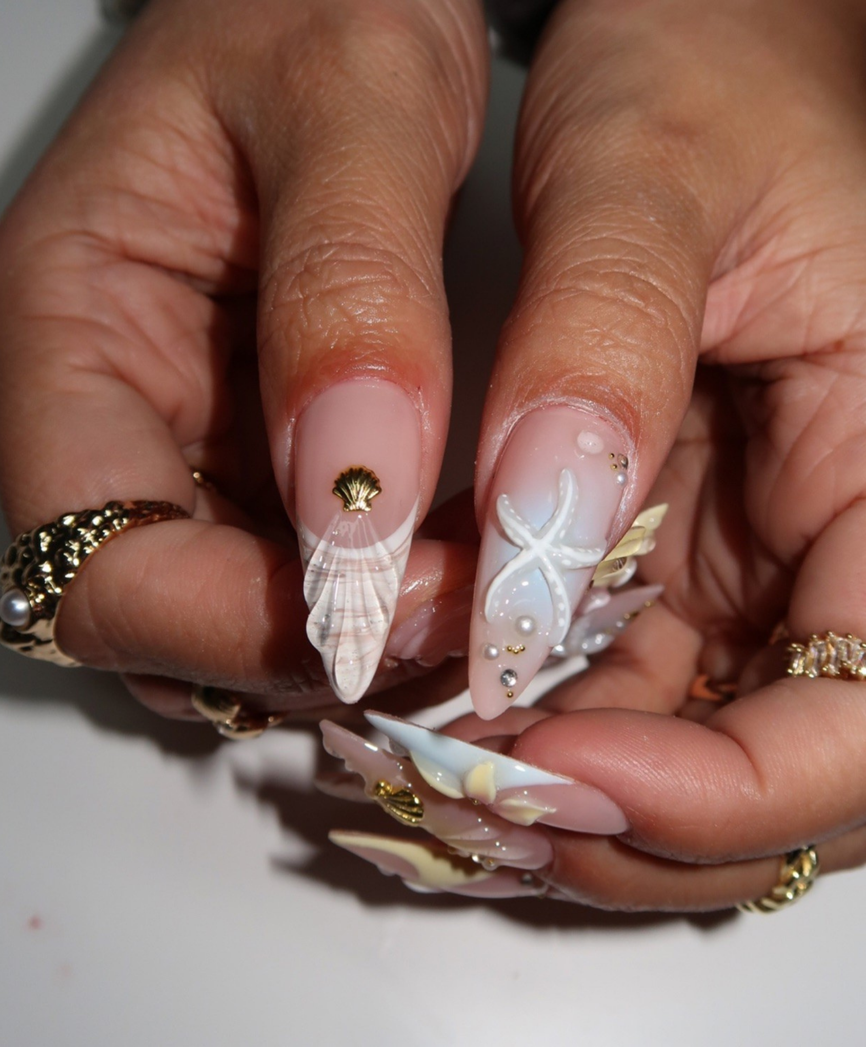 Handmade 3D Pastel Mermaid Press On Nails | Sculpted Shell & Starfish Luxury Fake Nails | Long Stiletto Beach Wedding Nails for Summer Cruise