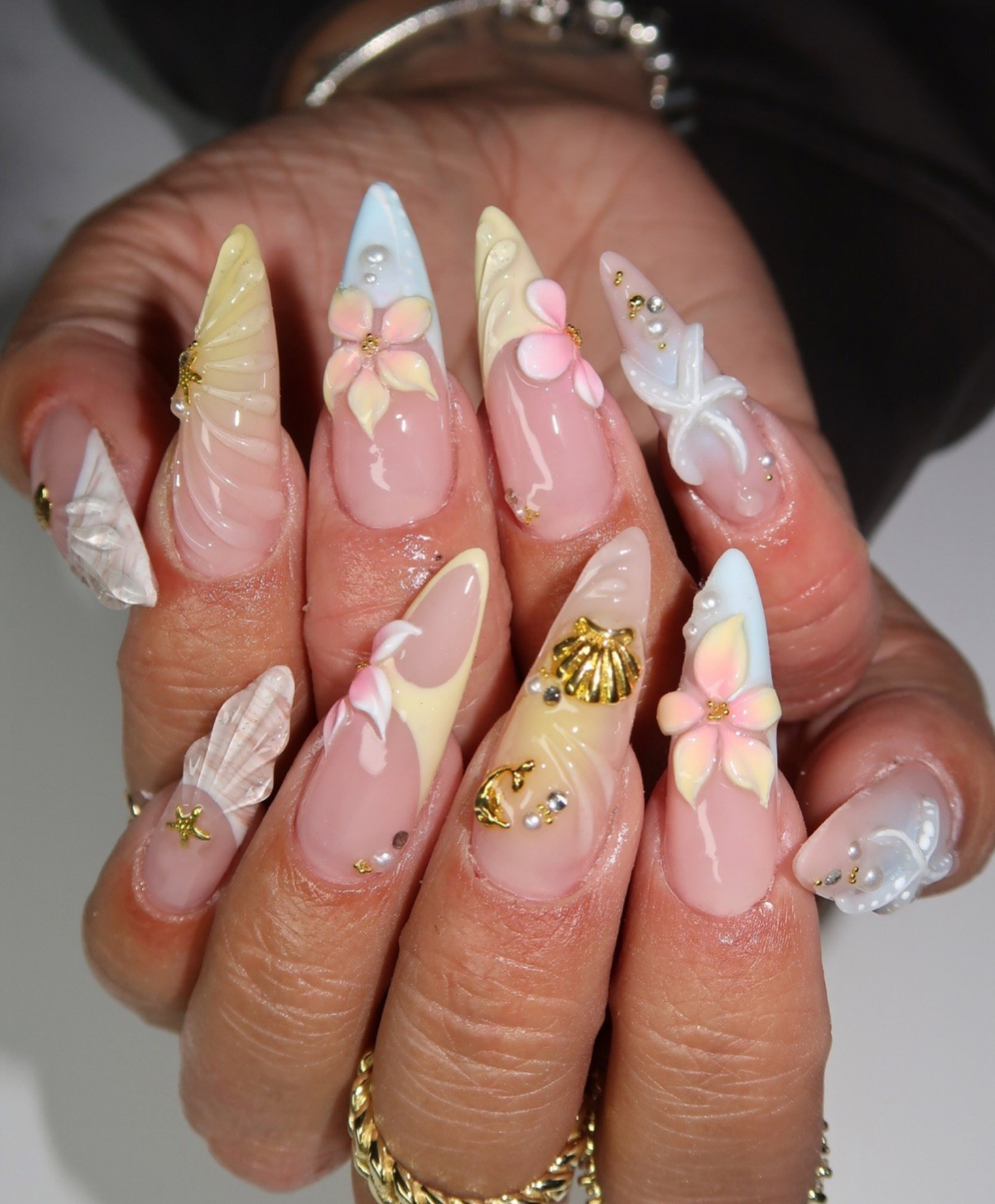Handmade 3D Pastel Mermaid Press On Nails | Sculpted Shell & Starfish Luxury Fake Nails | Long Stiletto Beach Wedding Nails for Summer Cruise