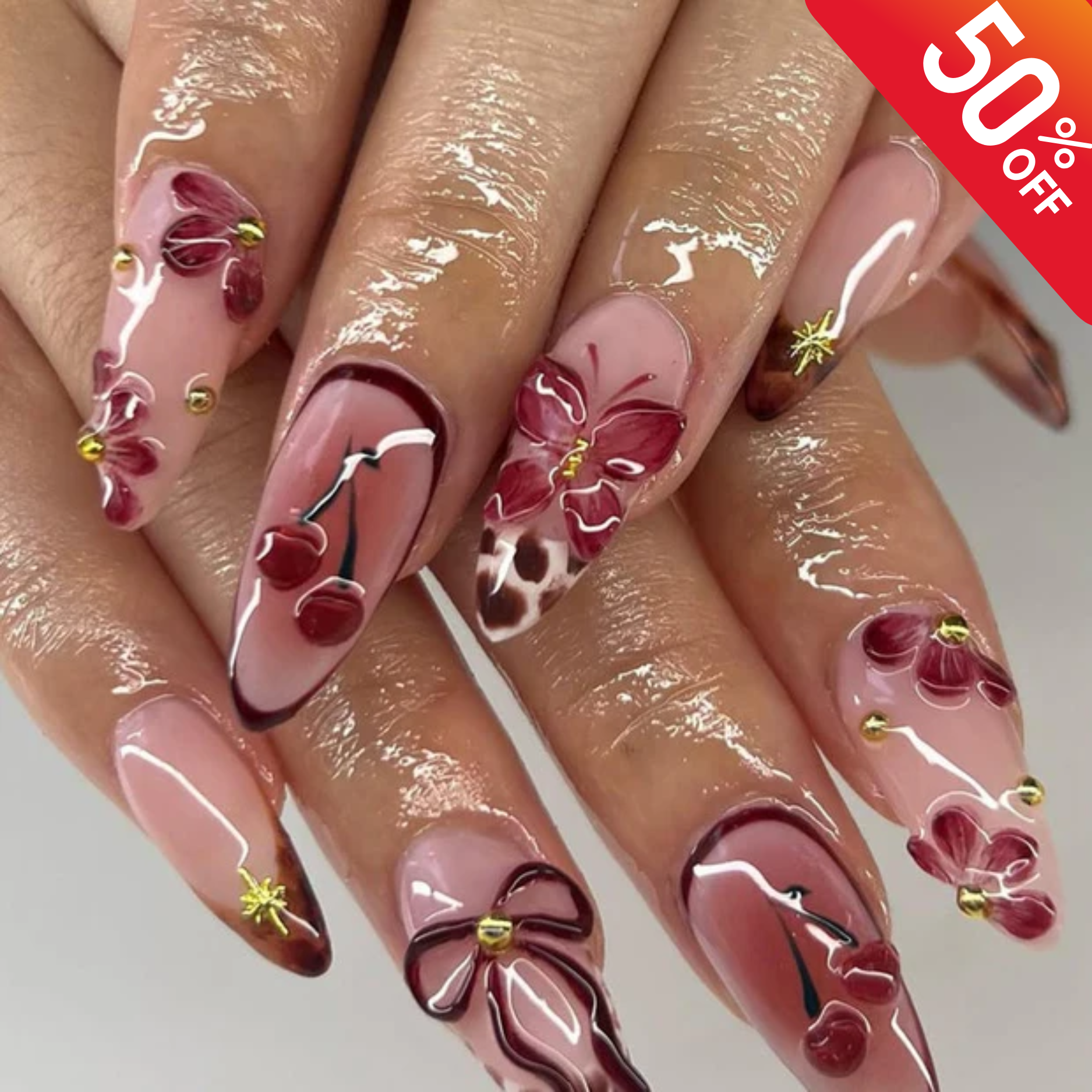 Cherry Cute 3D Press On Nails | Colorful and Playful Fake Nails | Custom 3D Animal and Bow Nail Art | Handcrafted Kawaii Nail Art