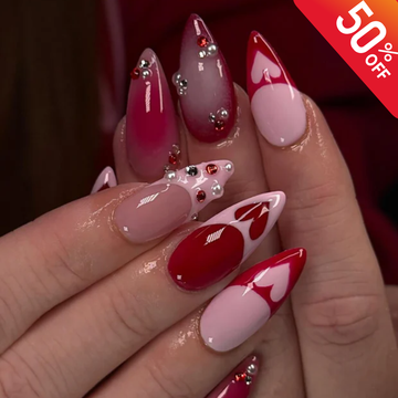 Red Pink Heart Press On Nails, Glitter Valentine Nails, Ombre Almond Nails with Pearls & Gems, Romantic Love Nails, Nails for Date Night