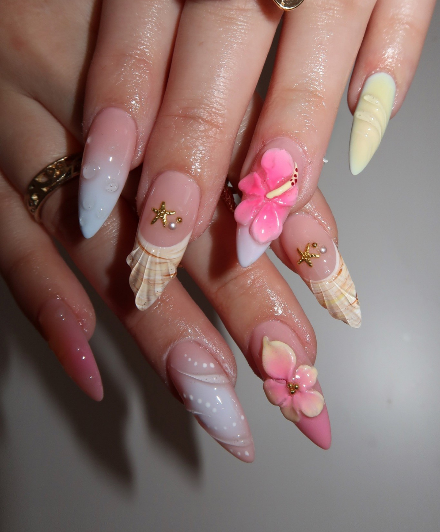 Handmade 3D Tropical Hibiscus Press On Nails | Sculpted Shell & Water Droplet Luxury Fake Nails | Long Stiletto Mermaid Nails for Beach Vacation