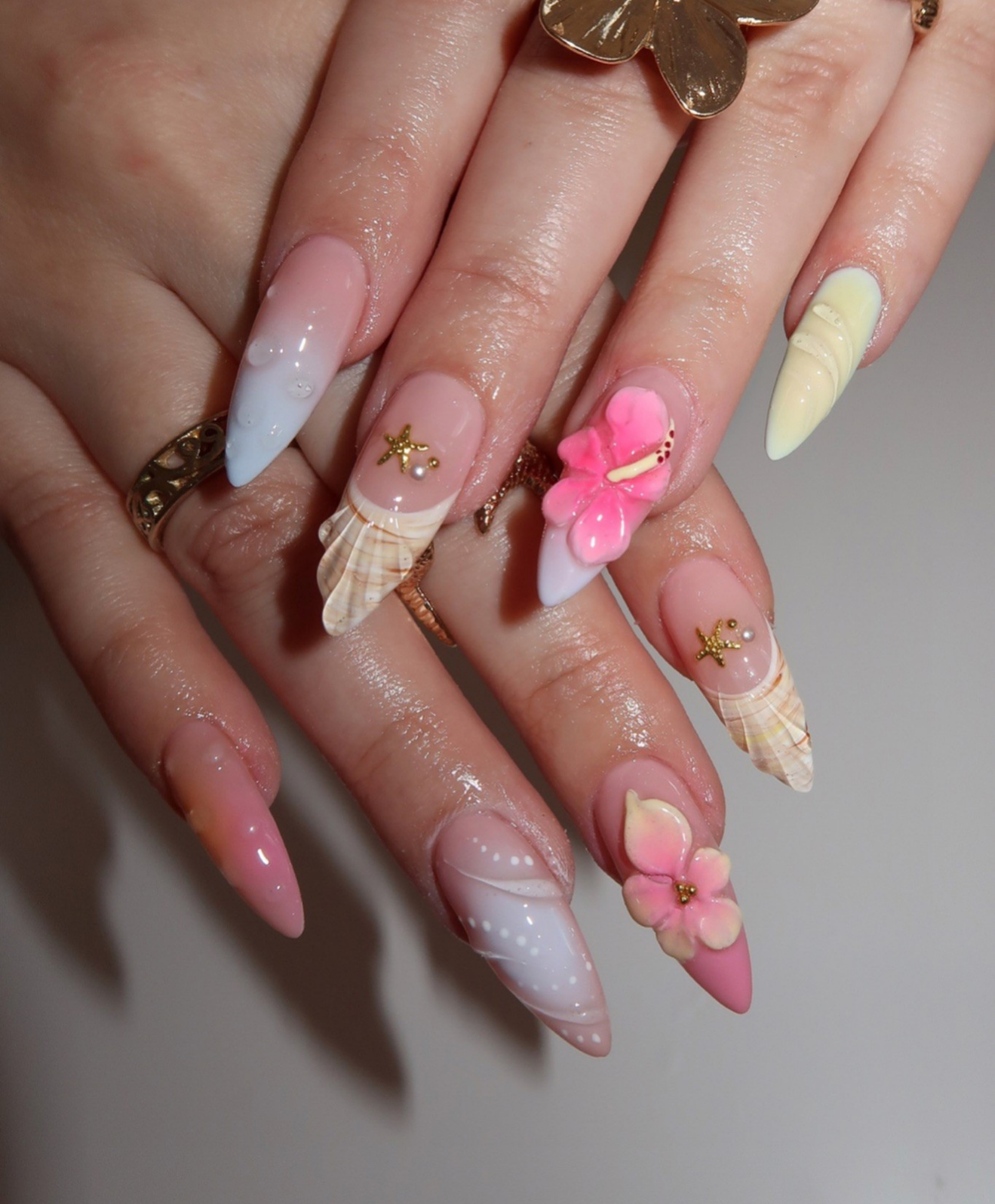 Handmade 3D Tropical Hibiscus Press On Nails | Sculpted Shell & Water Droplet Luxury Fake Nails | Long Stiletto Mermaid Nails for Beach Vacation
