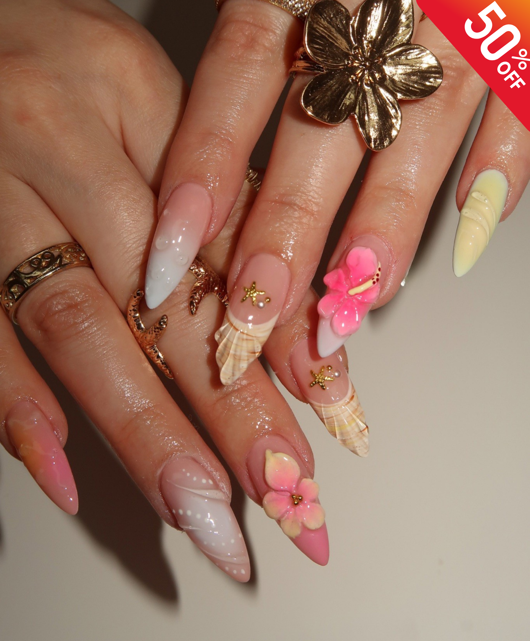 Handmade 3D Tropical Hibiscus Press On Nails | Sculpted Shell & Water Droplet Luxury Fake Nails | Long Stiletto Mermaid Nails for Beach Vacation
