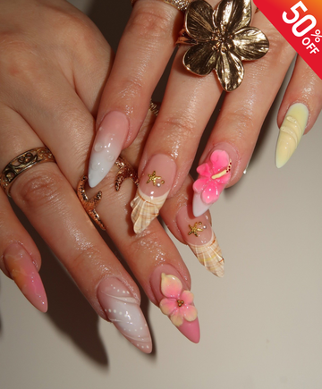Handmade 3D Tropical Hibiscus Press On Nails | Sculpted Shell & Water Droplet Luxury Fake Nails | Long Stiletto Mermaid Nails for Beach Vacation