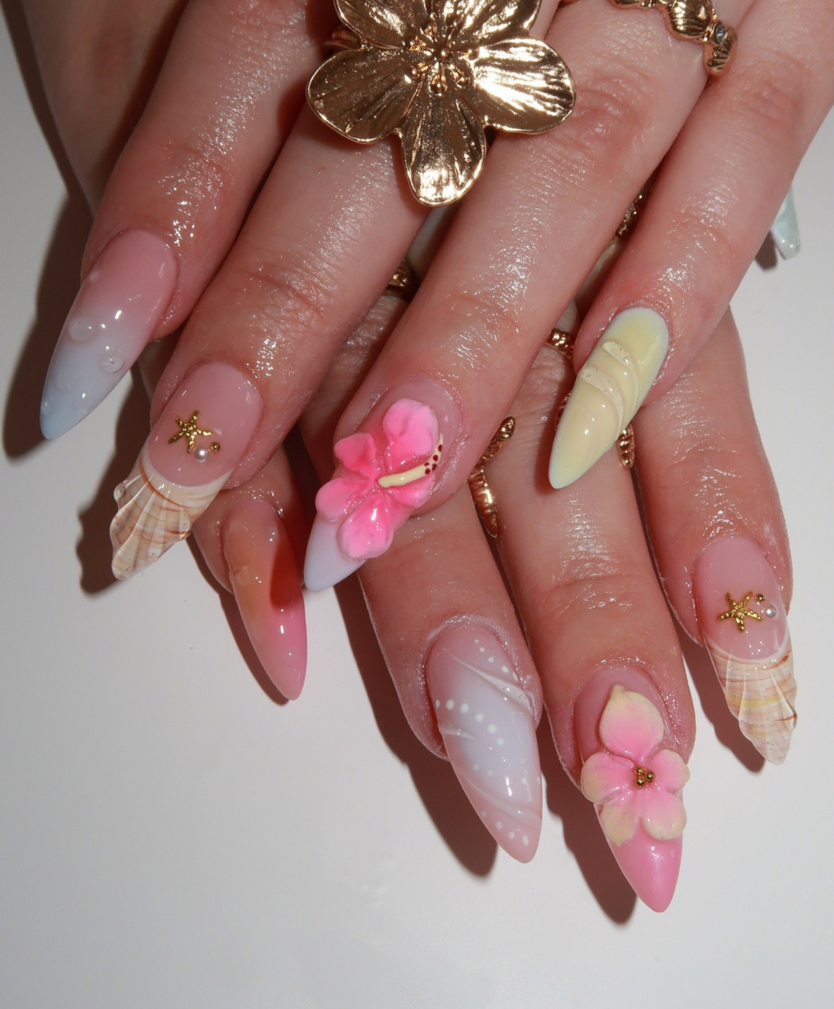Handmade 3D Tropical Hibiscus Press On Nails | Sculpted Shell & Water Droplet Luxury Fake Nails | Long Stiletto Mermaid Nails for Beach Vacation