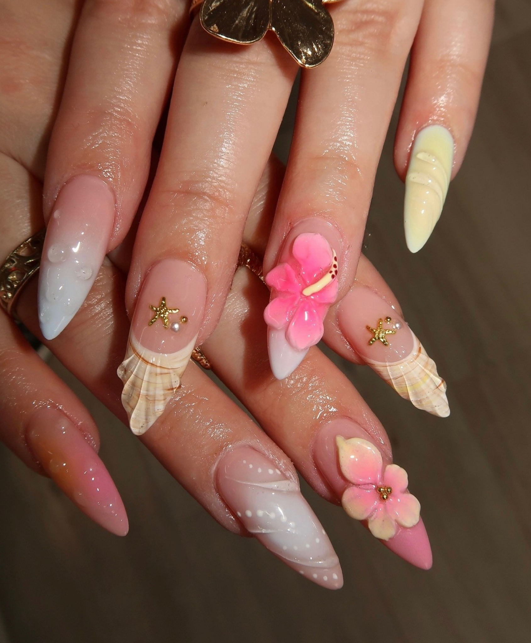 Handmade 3D Tropical Hibiscus Press On Nails | Sculpted Shell & Water Droplet Luxury Fake Nails | Long Stiletto Mermaid Nails for Beach Vacation