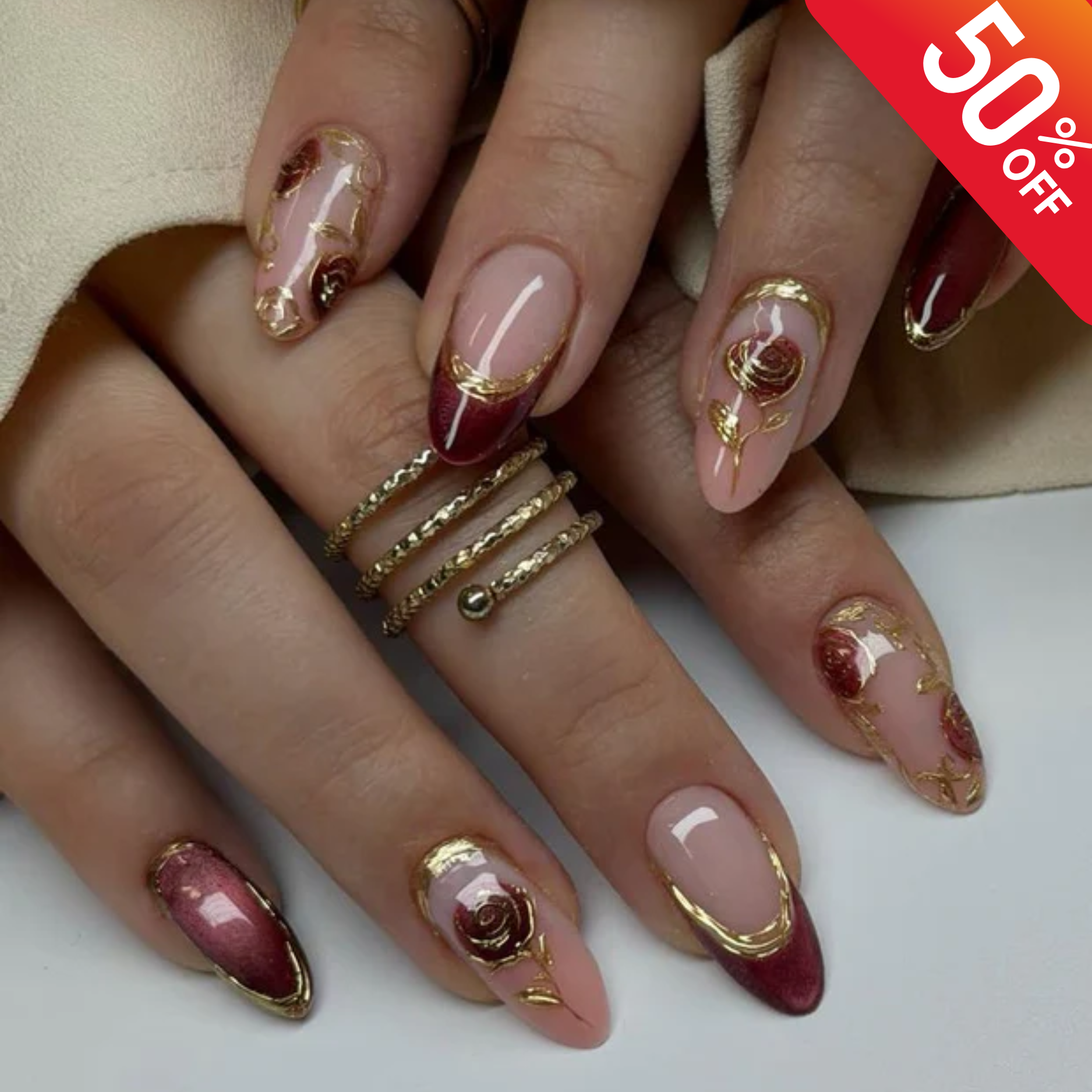 Burgundy Gold Rose Press On Nails for Valentine Days | French Tip Floral Nails for Date Nights | Luxury Rose Nail for Girl Friend