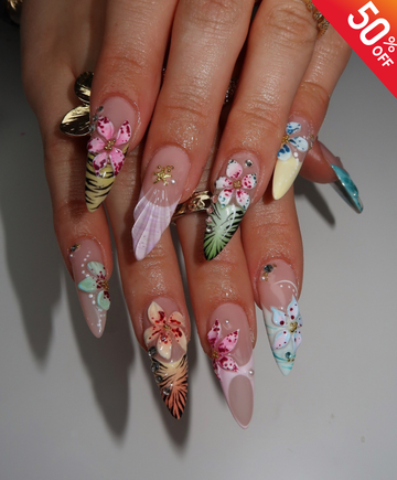 Handmade 3D Tropical Flower & Tiger Print Press On Nails | Sculpted Jungle Leaf Luxury Fake Nails | Long Stiletto Summer Vacation Nails