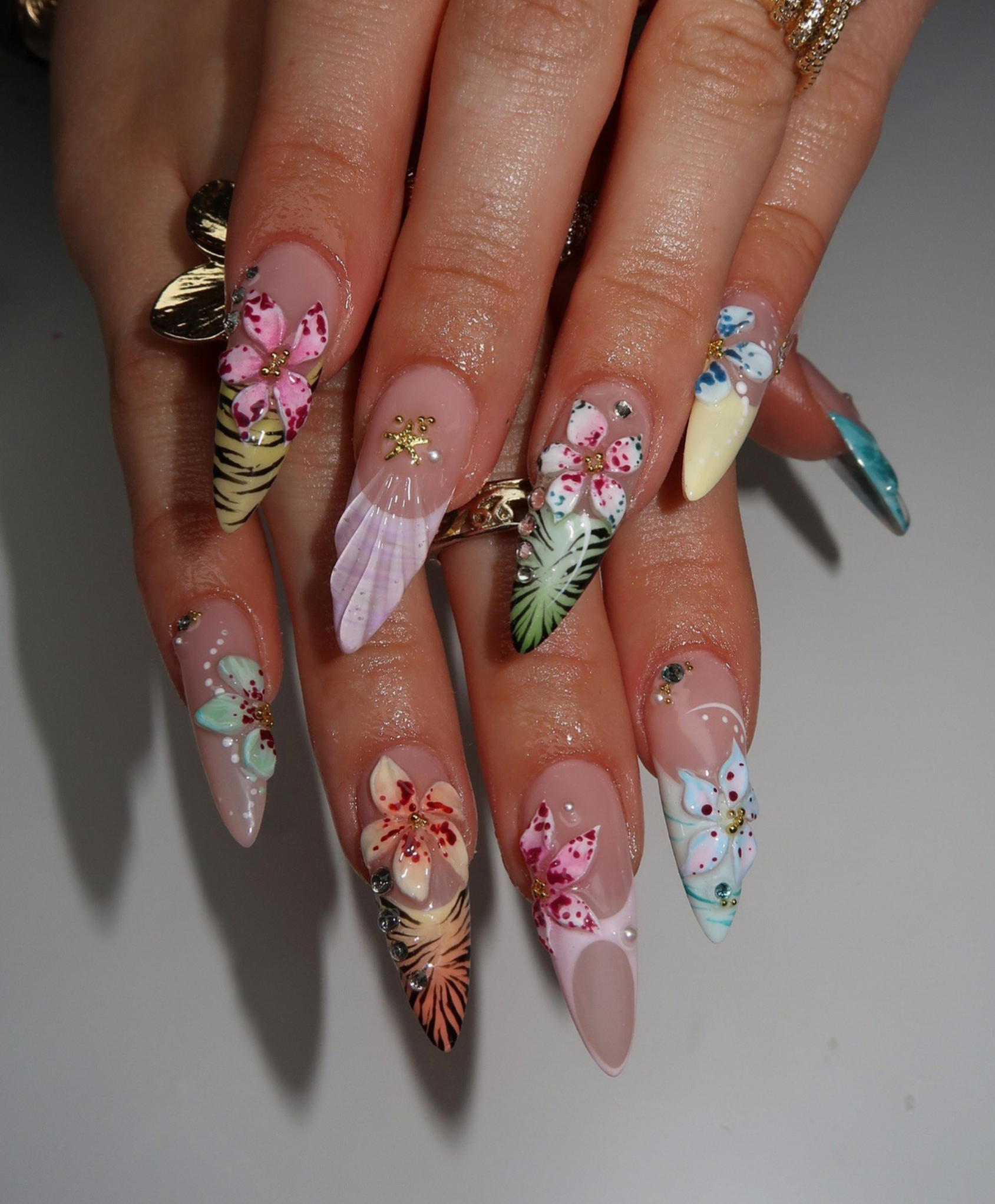 Handmade 3D Tropical Flower & Tiger Print Press On Nails | Sculpted Jungle Leaf Luxury Fake Nails | Long Stiletto Summer Vacation Nails
