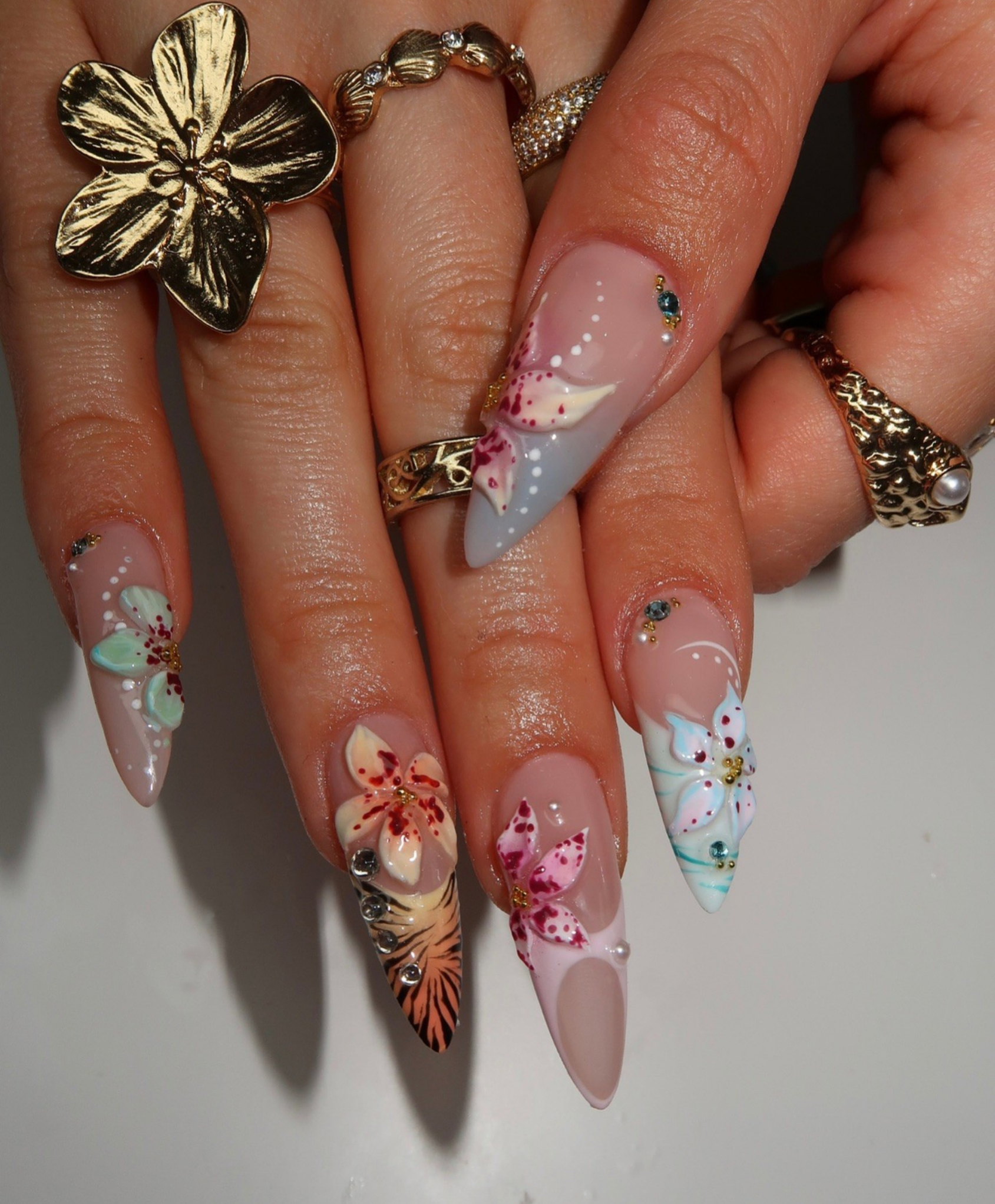 Handmade 3D Tropical Flower & Tiger Print Press On Nails | Sculpted Jungle Leaf Luxury Fake Nails | Long Stiletto Summer Vacation Nails