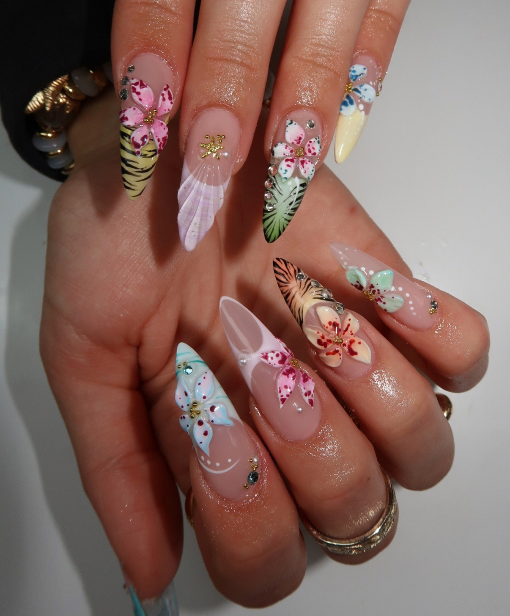 Handmade 3D Tropical Flower & Tiger Print Press On Nails | Sculpted Jungle Leaf Luxury Fake Nails | Long Stiletto Summer Vacation Nails