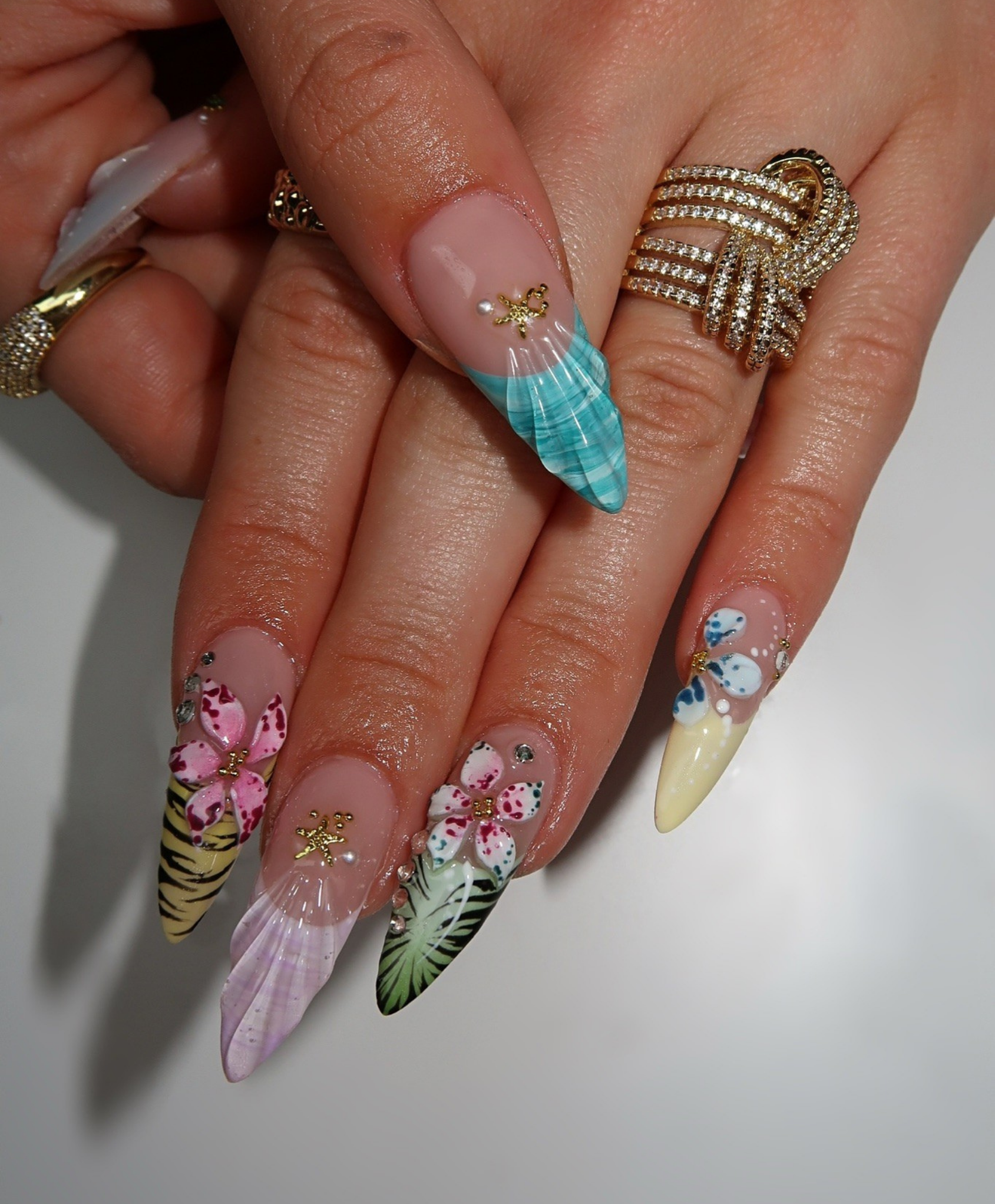 Handmade 3D Tropical Flower & Tiger Print Press On Nails | Sculpted Jungle Leaf Luxury Fake Nails | Long Stiletto Summer Vacation Nails