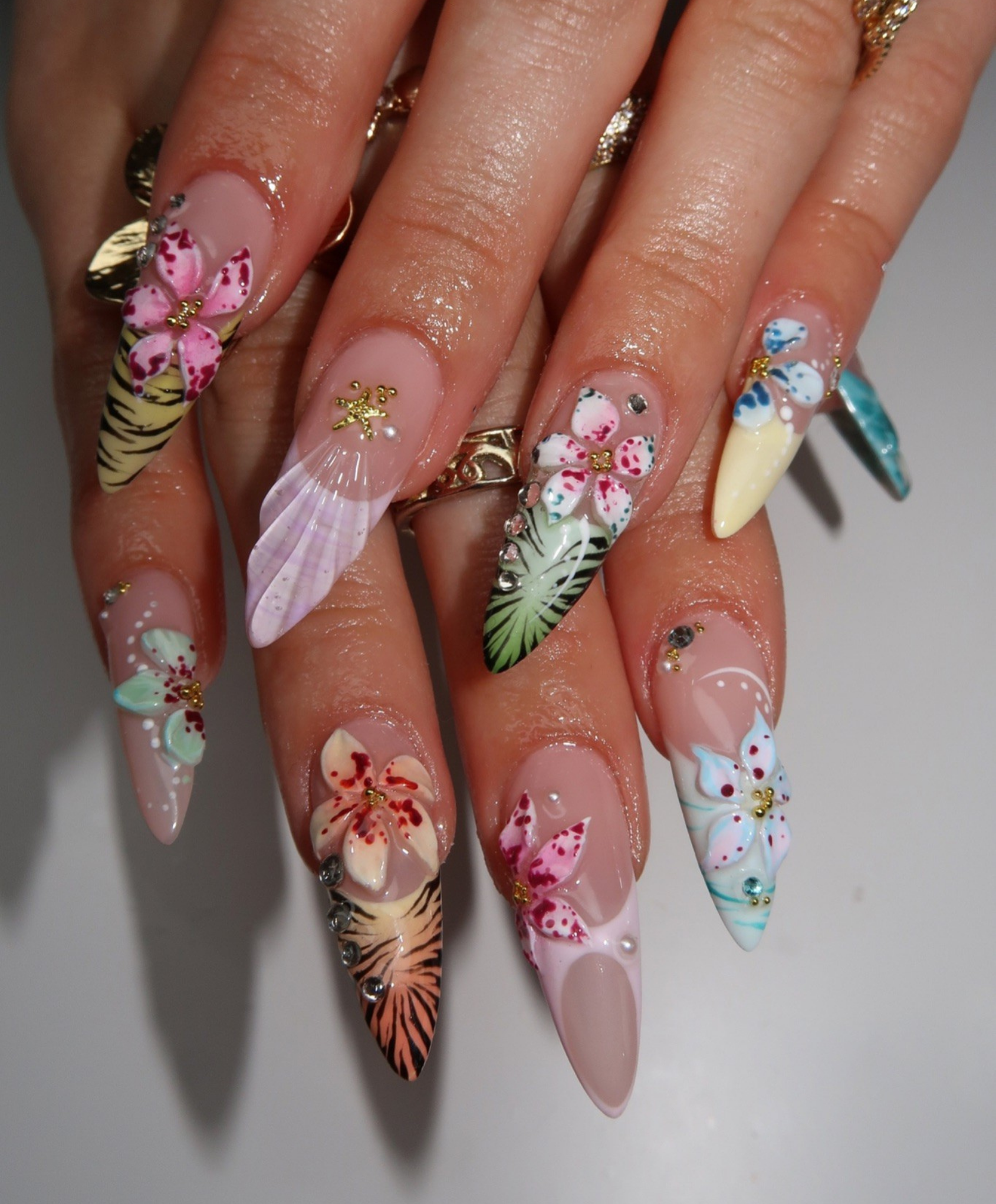 Handmade 3D Tropical Flower & Tiger Print Press On Nails | Sculpted Jungle Leaf Luxury Fake Nails | Long Stiletto Summer Vacation Nails