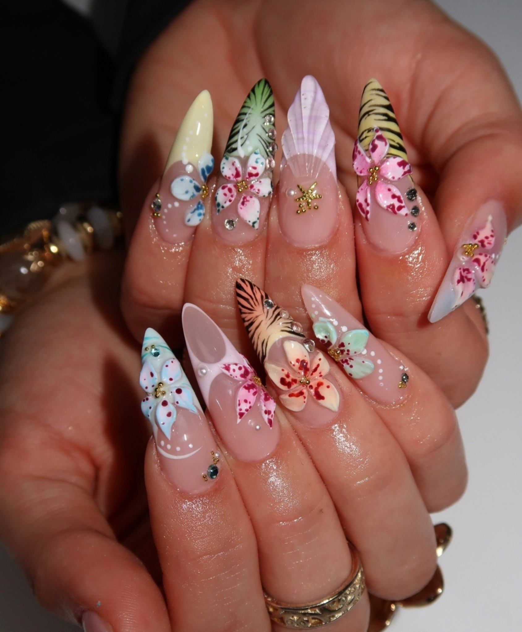 Handmade 3D Tropical Flower & Tiger Print Press On Nails | Sculpted Jungle Leaf Luxury Fake Nails | Long Stiletto Summer Vacation Nails