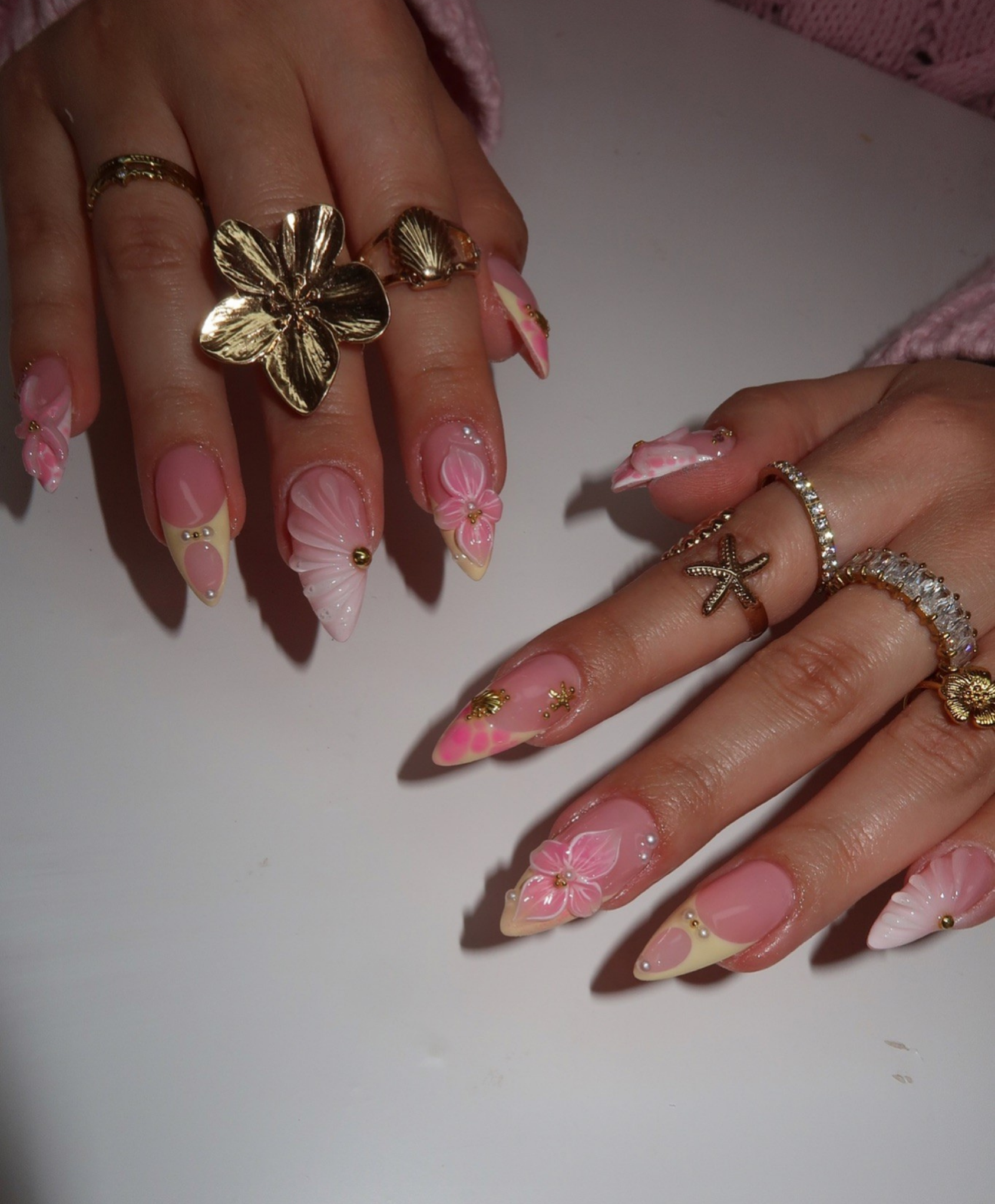 Handmade 3D Pink Shell & Tropical Flower Press On Nails | Pastel Mermaidcore Luxury Fake Nails | Long Almond Beach Wedding Nails for Summer