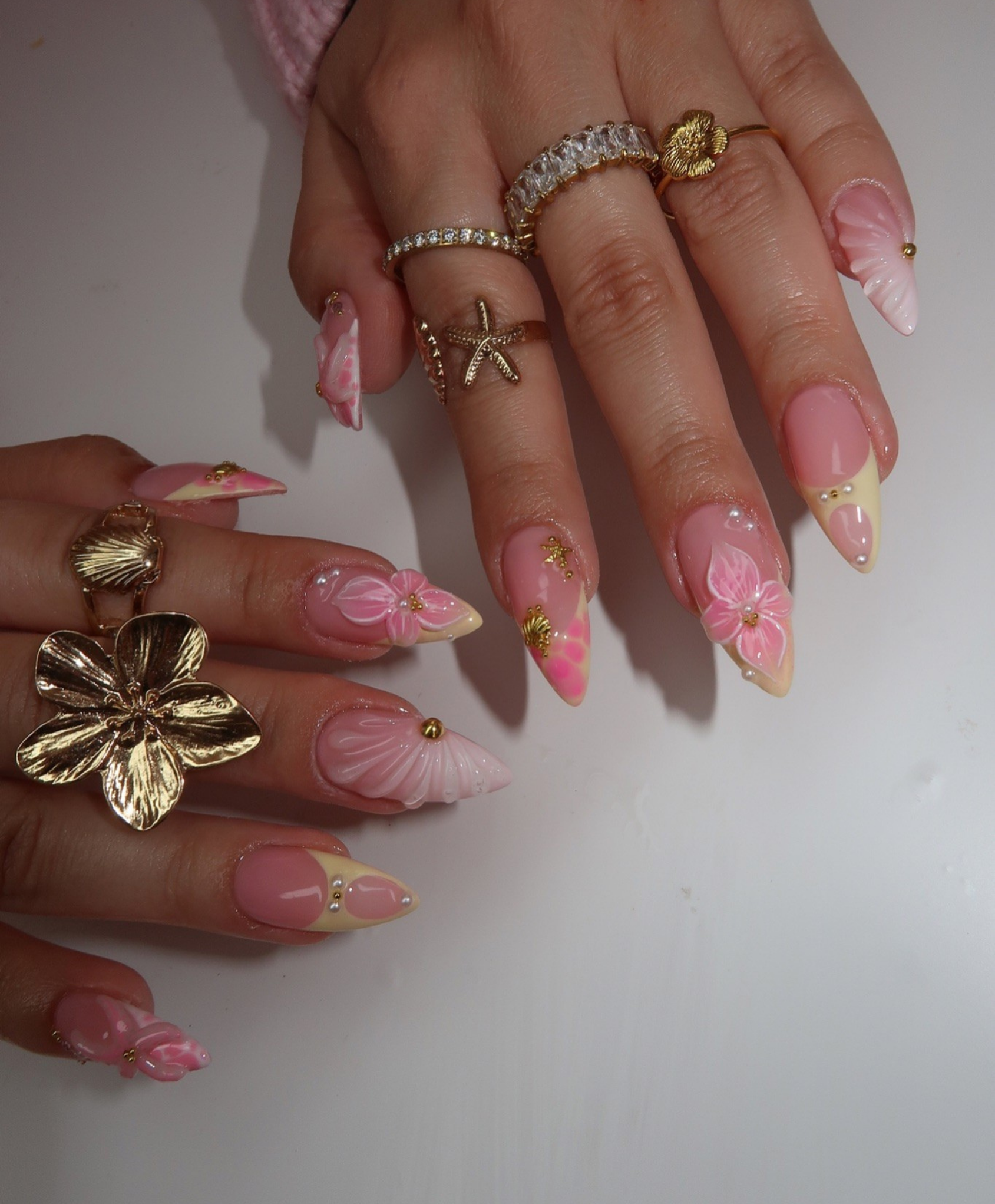 Handmade 3D Pink Shell & Tropical Flower Press On Nails | Pastel Mermaidcore Luxury Fake Nails | Long Almond Beach Wedding Nails for Summer