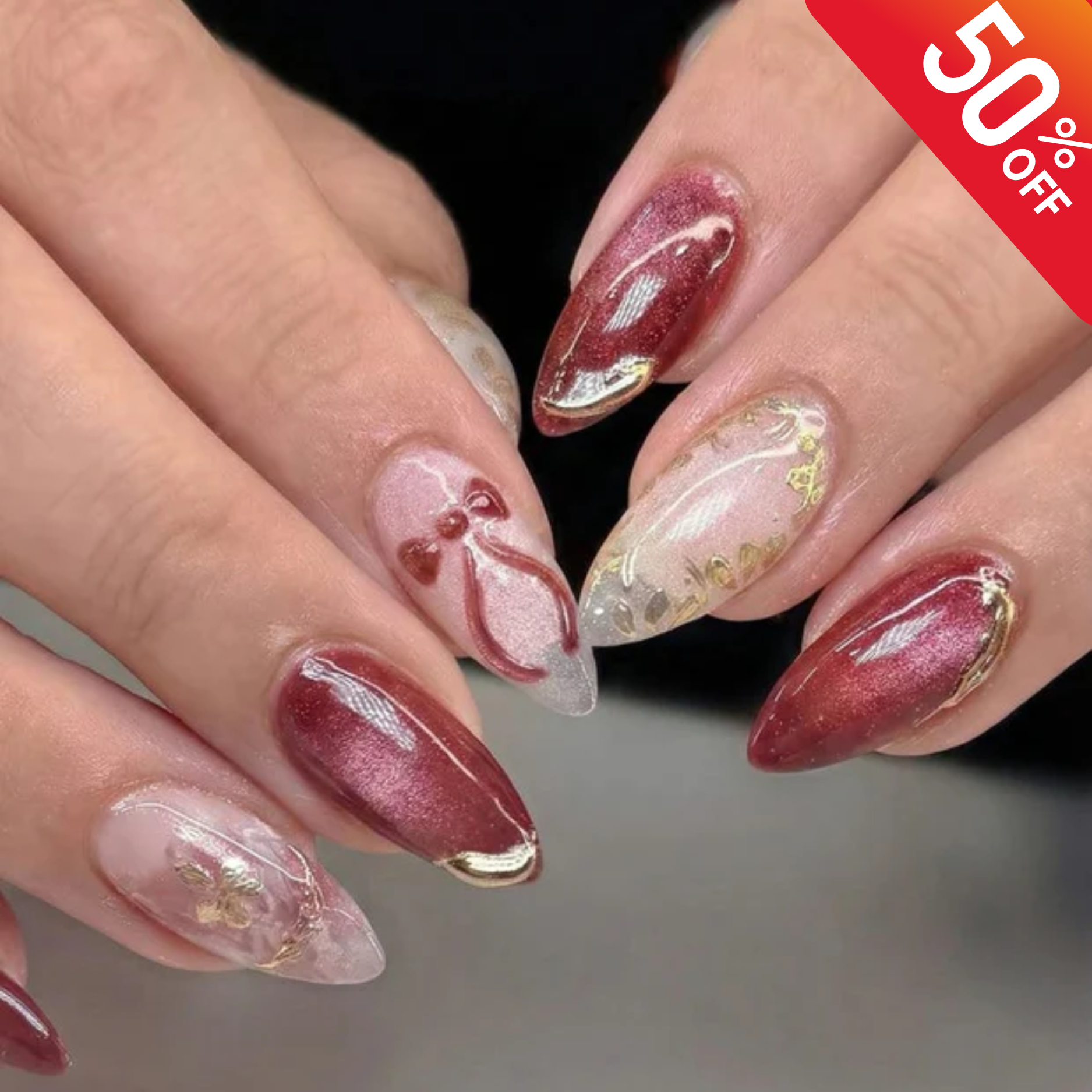 Crimson Romance Valentine Press On Nails | Red Velvet Nails | Gold Bow & Floral Nail Art| Elegant Luxury Nail| Short Press On Nails
