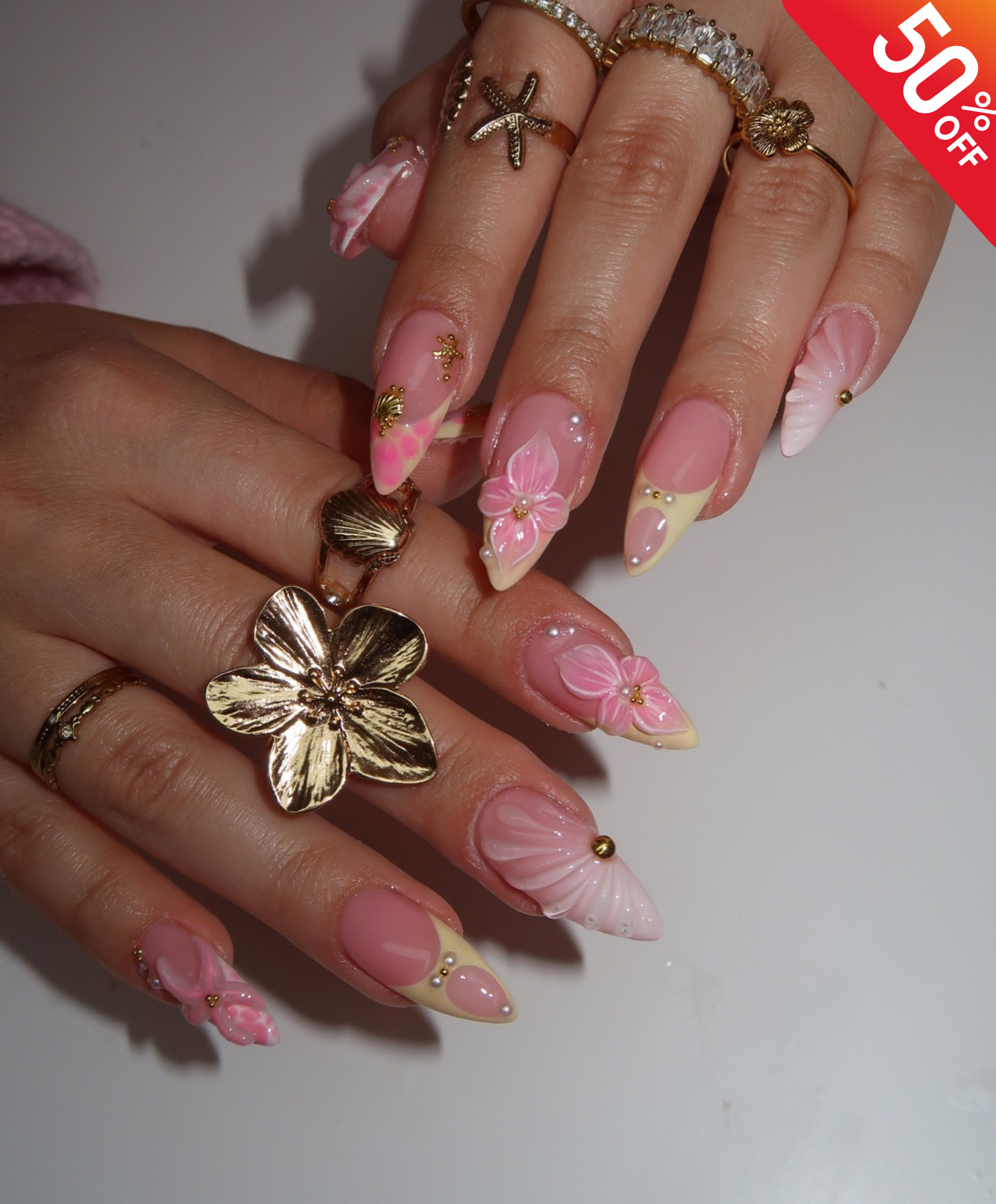 Handmade 3D Pink Shell & Tropical Flower Press On Nails | Pastel Mermaidcore Luxury Fake Nails | Long Almond Beach Wedding Nails for Summer
