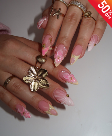 Handmade 3D Pink Shell & Tropical Flower Press On Nails | Pastel Mermaidcore Luxury Fake Nails | Long Almond Beach Wedding Nails for Summer