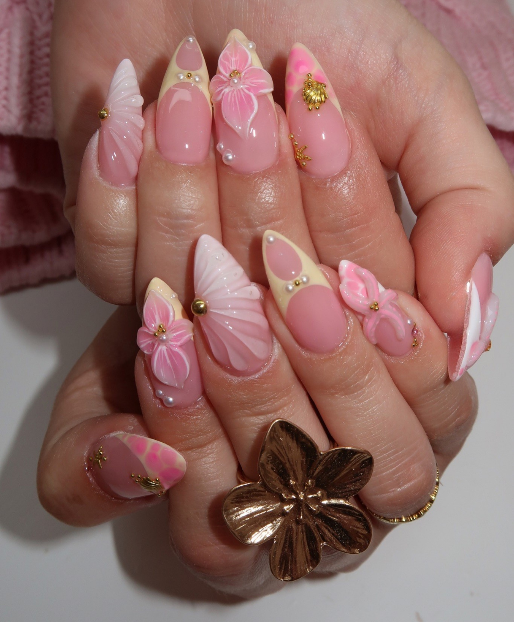 Handmade 3D Pink Shell & Tropical Flower Press On Nails | Pastel Mermaidcore Luxury Fake Nails | Long Almond Beach Wedding Nails for Summer