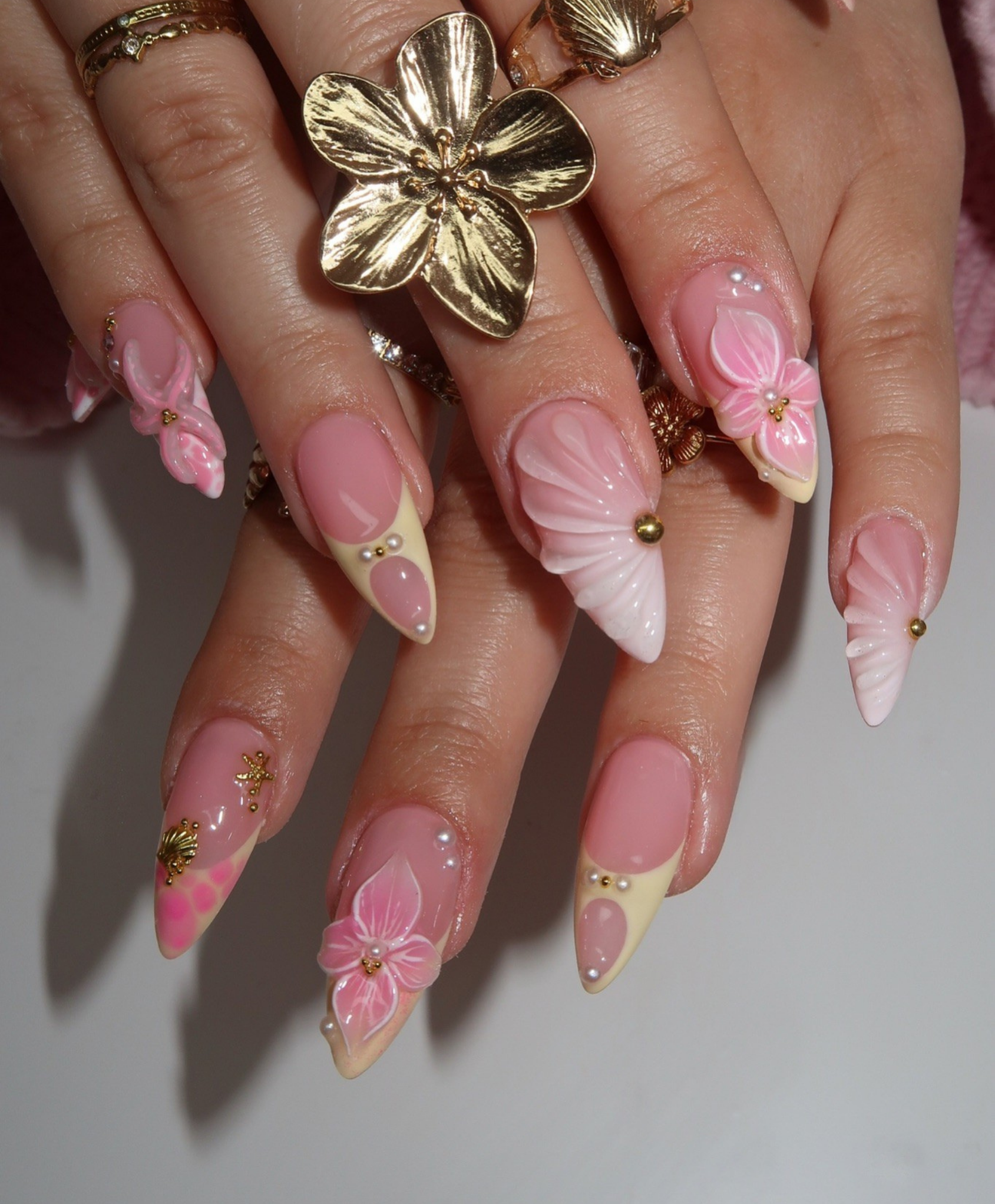 Handmade 3D Pink Shell & Tropical Flower Press On Nails | Pastel Mermaidcore Luxury Fake Nails | Long Almond Beach Wedding Nails for Summer