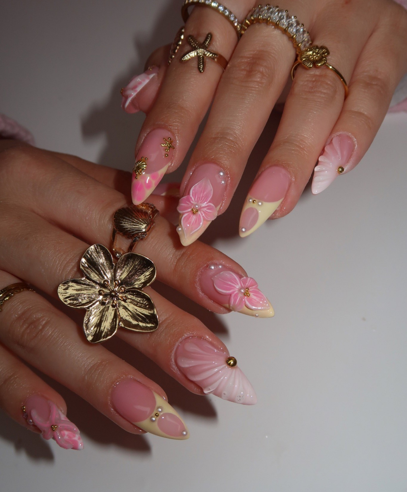 Handmade 3D Pink Shell & Tropical Flower Press On Nails | Pastel Mermaidcore Luxury Fake Nails | Long Almond Beach Wedding Nails for Summer