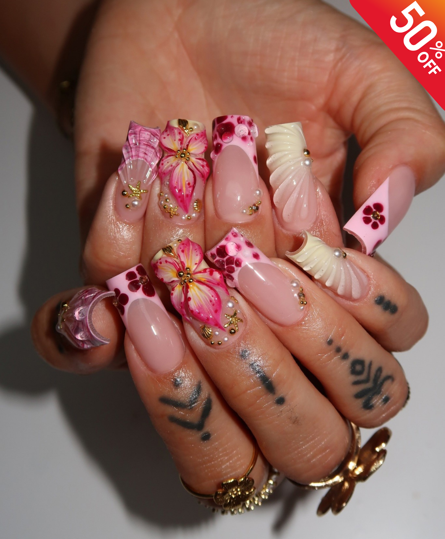 Handmade 3D Pink Tropical Flower & Shell Press On Nails | Sculpted Mermaid Luxury Fake Nails | Long Square Water Droplet Nails for Summer & Vacation