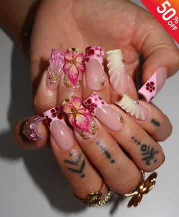 Handmade 3D Pink Tropical Flower & Shell Press On Nails | Sculpted Mermaid Luxury Fake Nails | Long Square Water Droplet Nails for Summer & Vacation