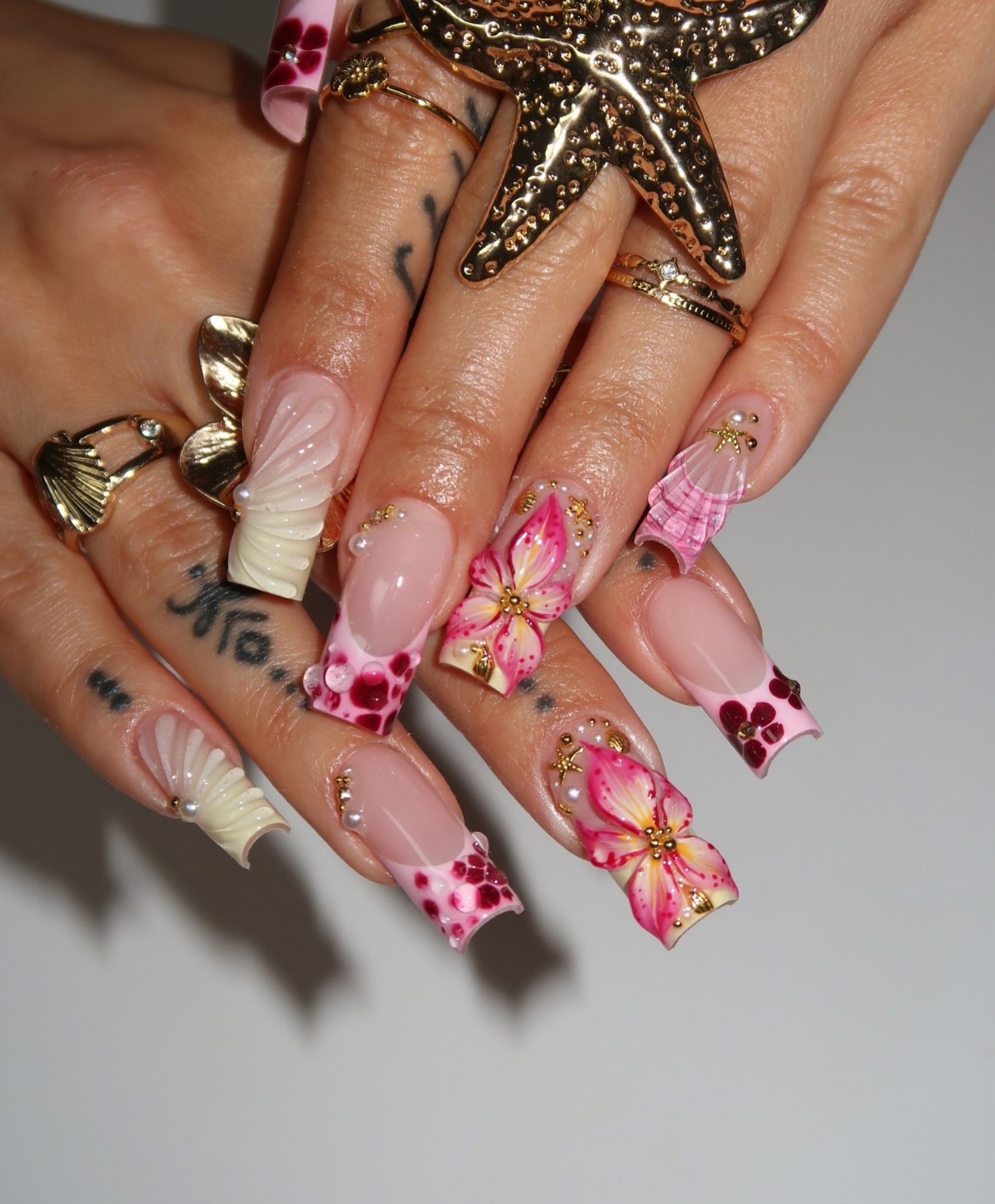 Handmade 3D Pink Tropical Flower & Shell Press On Nails | Sculpted Mermaid Luxury Fake Nails | Long Square Water Droplet Nails for Summer & Vacation