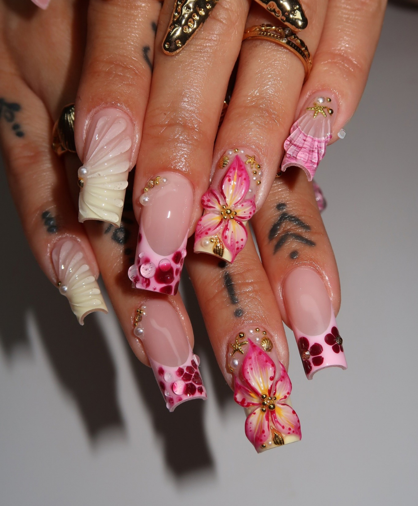 Handmade 3D Pink Tropical Flower & Shell Press On Nails | Sculpted Mermaid Luxury Fake Nails | Long Square Water Droplet Nails for Summer & Vacation