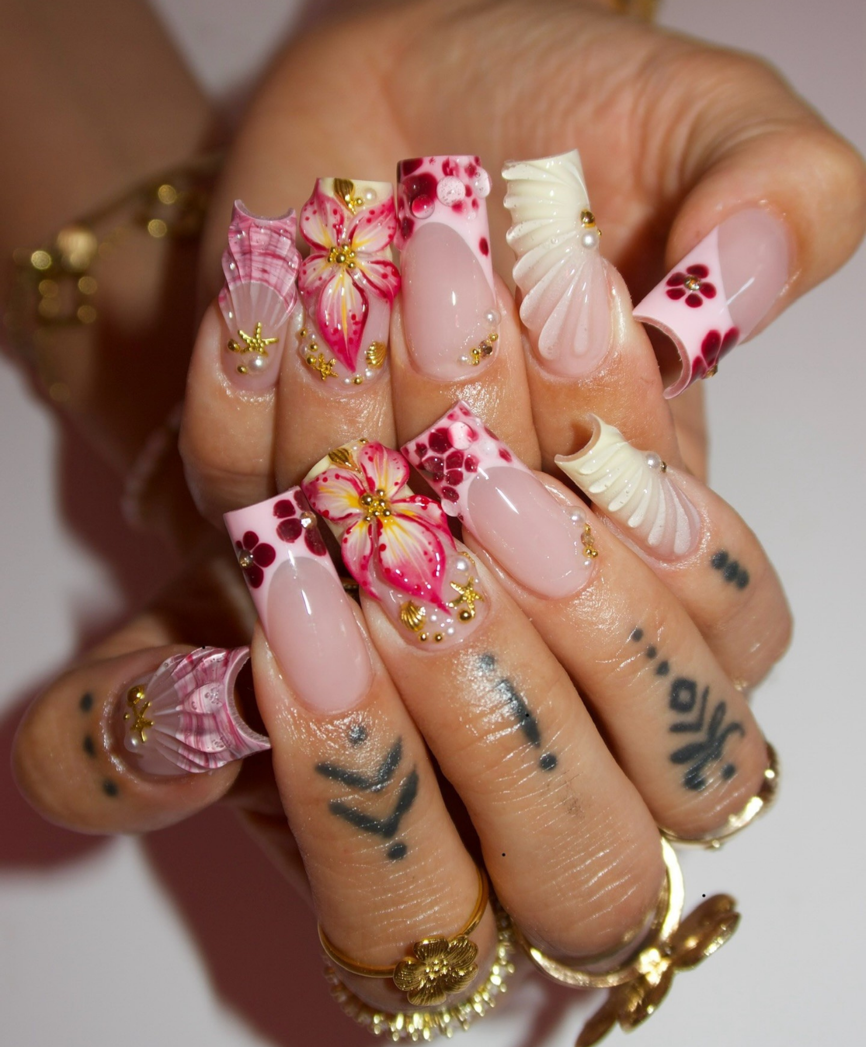 Handmade 3D Pink Tropical Flower & Shell Press On Nails | Sculpted Mermaid Luxury Fake Nails | Long Square Water Droplet Nails for Summer & Vacation