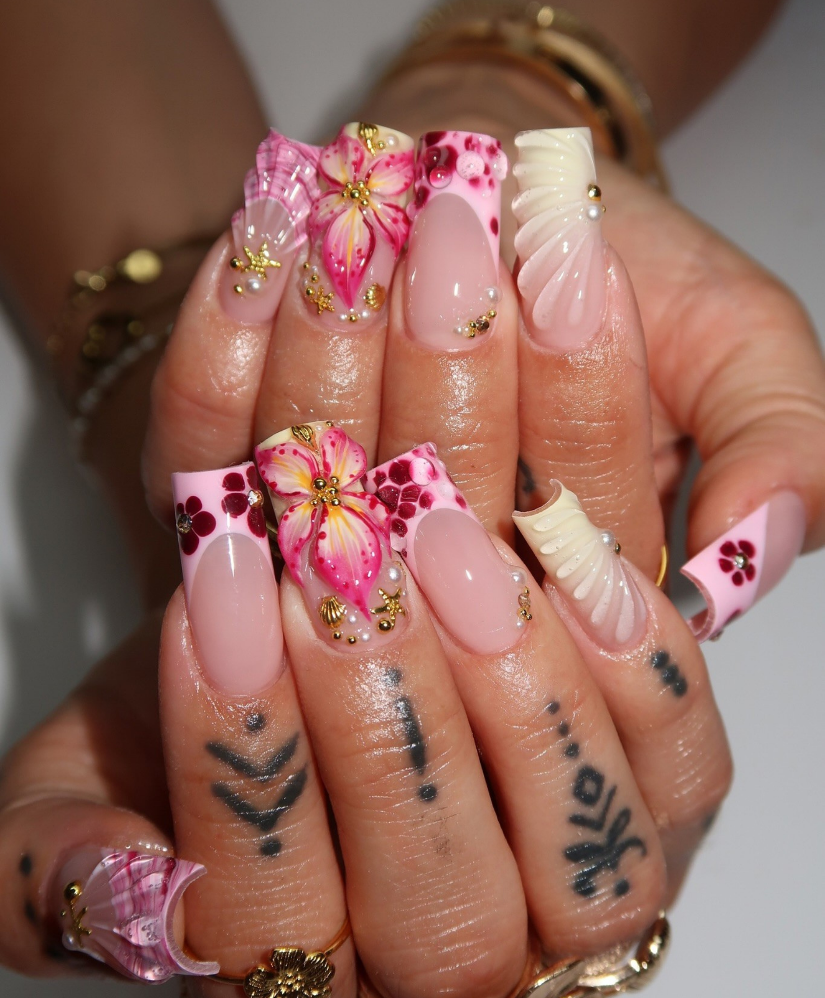 Handmade 3D Pink Tropical Flower & Shell Press On Nails | Sculpted Mermaid Luxury Fake Nails | Long Square Water Droplet Nails for Summer & Vacation