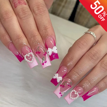 Pink Cherry Bow Press On Nails, 3D Bow Heart Nails, Valentine Nails, Glossy Pink French Tip Nail Set