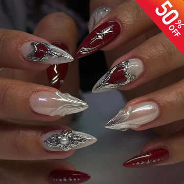 Gothic Valentine Press On Nails | 3D Heart Design Fake Nails | Red & Silver Luxury Nail Art | Gothic Bridal False Nail | Red Gothic