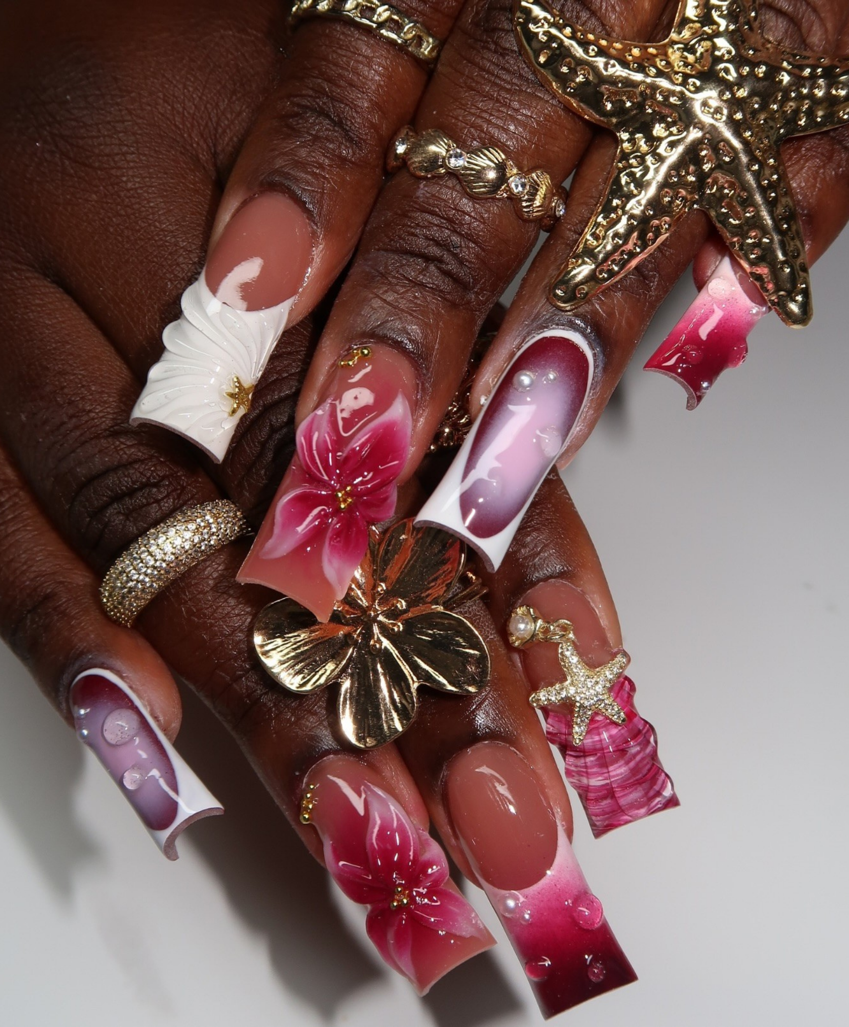 Handmade 3D Burgundy Shell & Magenta Flower Press On Nails | Sculpted Mermaid Luxury Fake Nails | Long Square Water Droplet Nails for Vacation