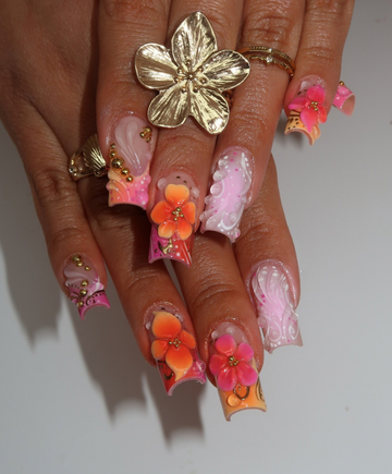 Handmade 3D Orange & Pink Tropical Press On Nails | Sculpted Sunset Flower Luxury Fake Nails | Long Square Water Droplet Nails for Summer Vacation