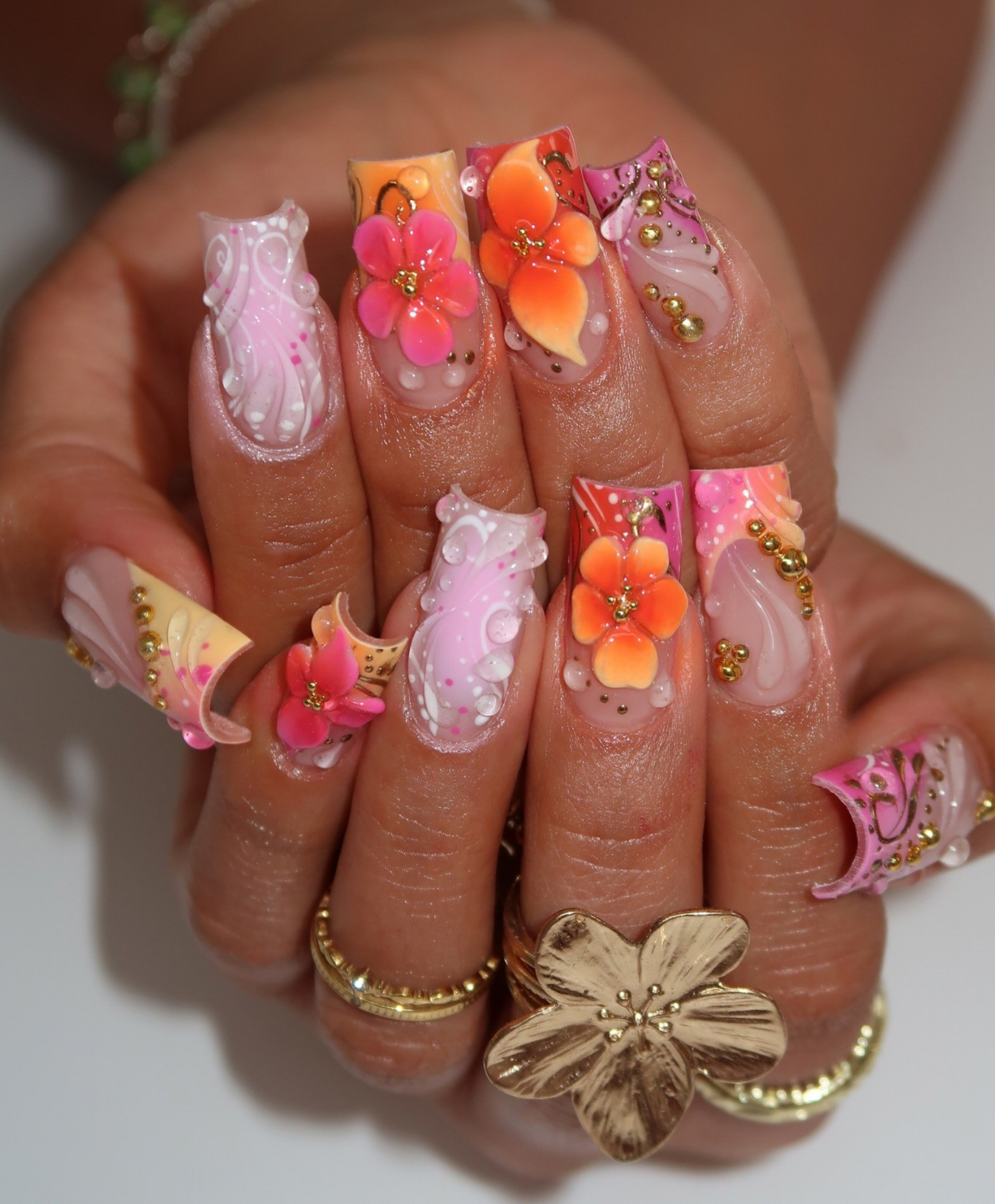 Handmade 3D Orange & Pink Tropical Press On Nails | Sculpted Sunset Flower Luxury Fake Nails | Long Square Water Droplet Nails for Summer Vacation