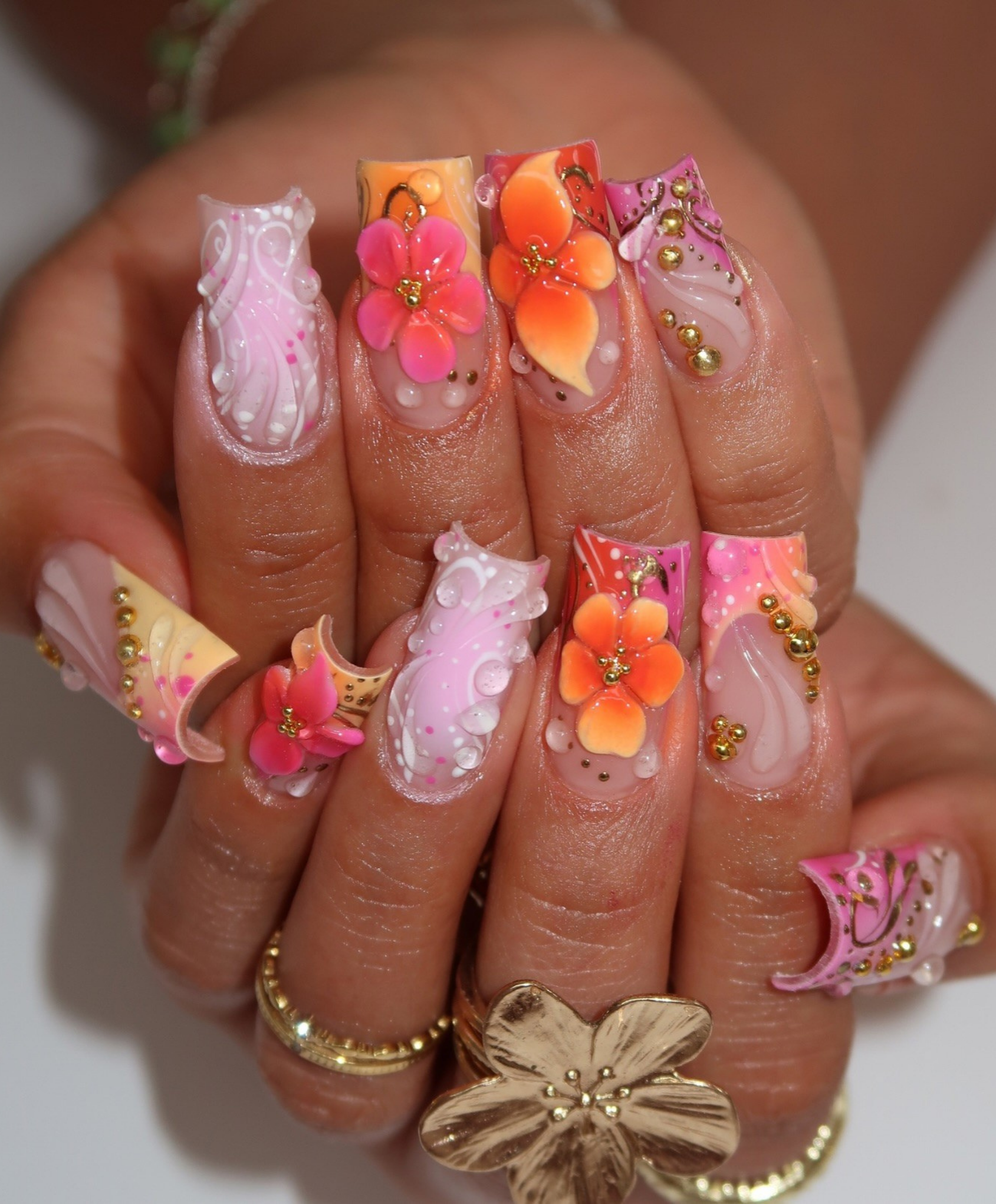Handmade 3D Orange & Pink Tropical Press On Nails | Sculpted Sunset Flower Luxury Fake Nails | Long Square Water Droplet Nails for Summer Vacation