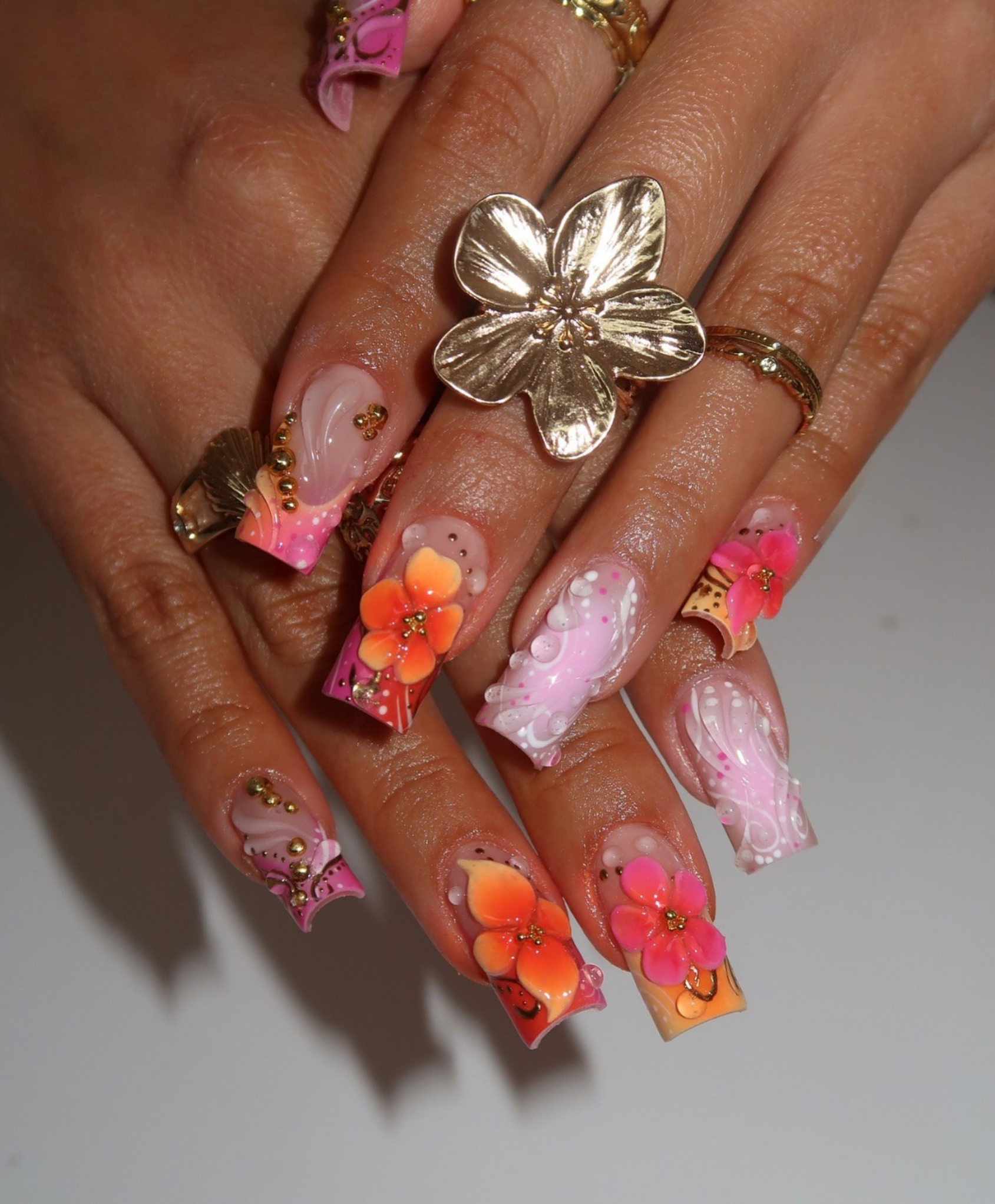 Handmade 3D Orange & Pink Tropical Press On Nails | Sculpted Sunset Flower Luxury Fake Nails | Long Square Water Droplet Nails for Summer Vacation
