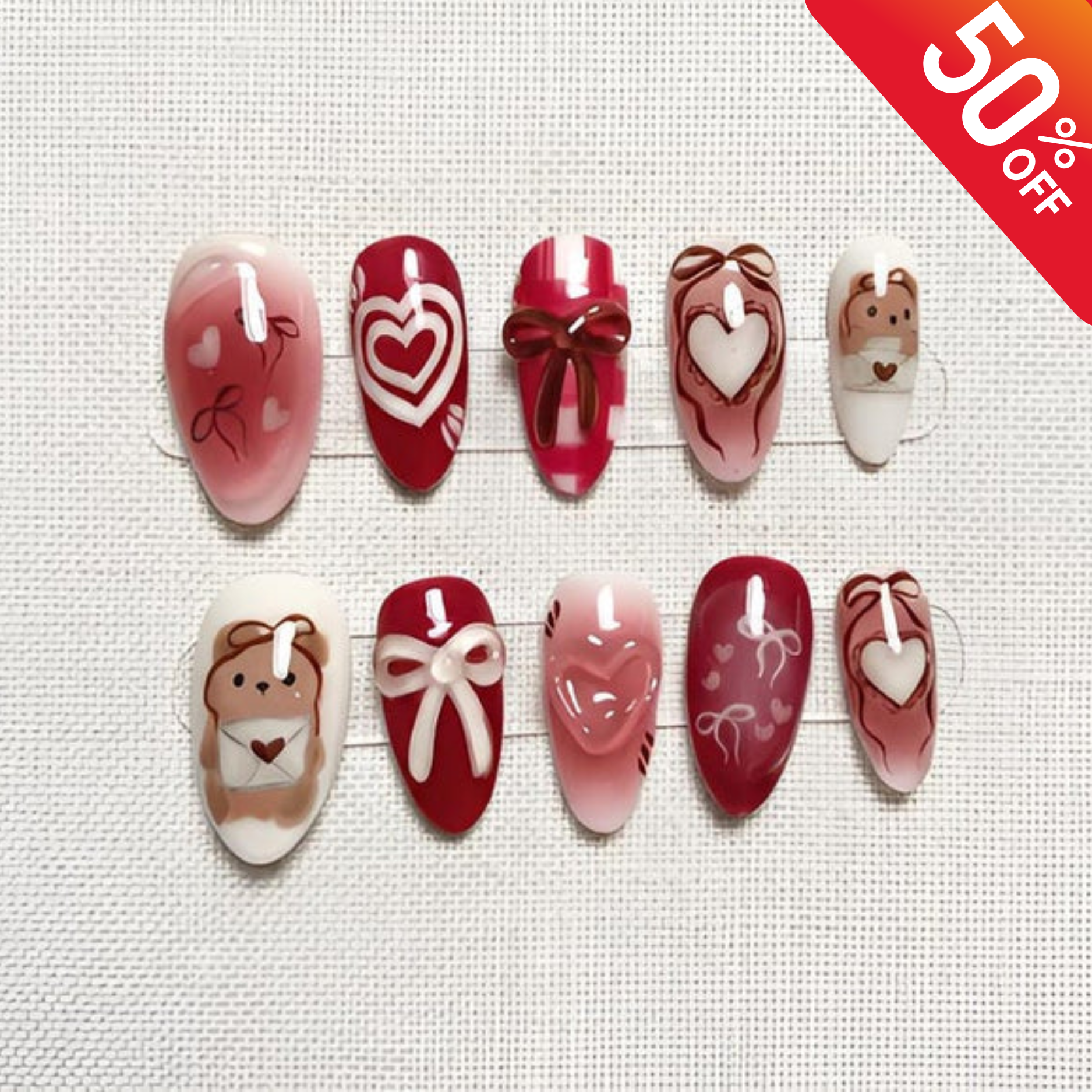 Valentine Brown Bear Heart Press On Nails, Red Pink Almond Set with Cute Bear Art, Love Hearts, Bow, Cute Coquette Nail Box for Dates, Gifts