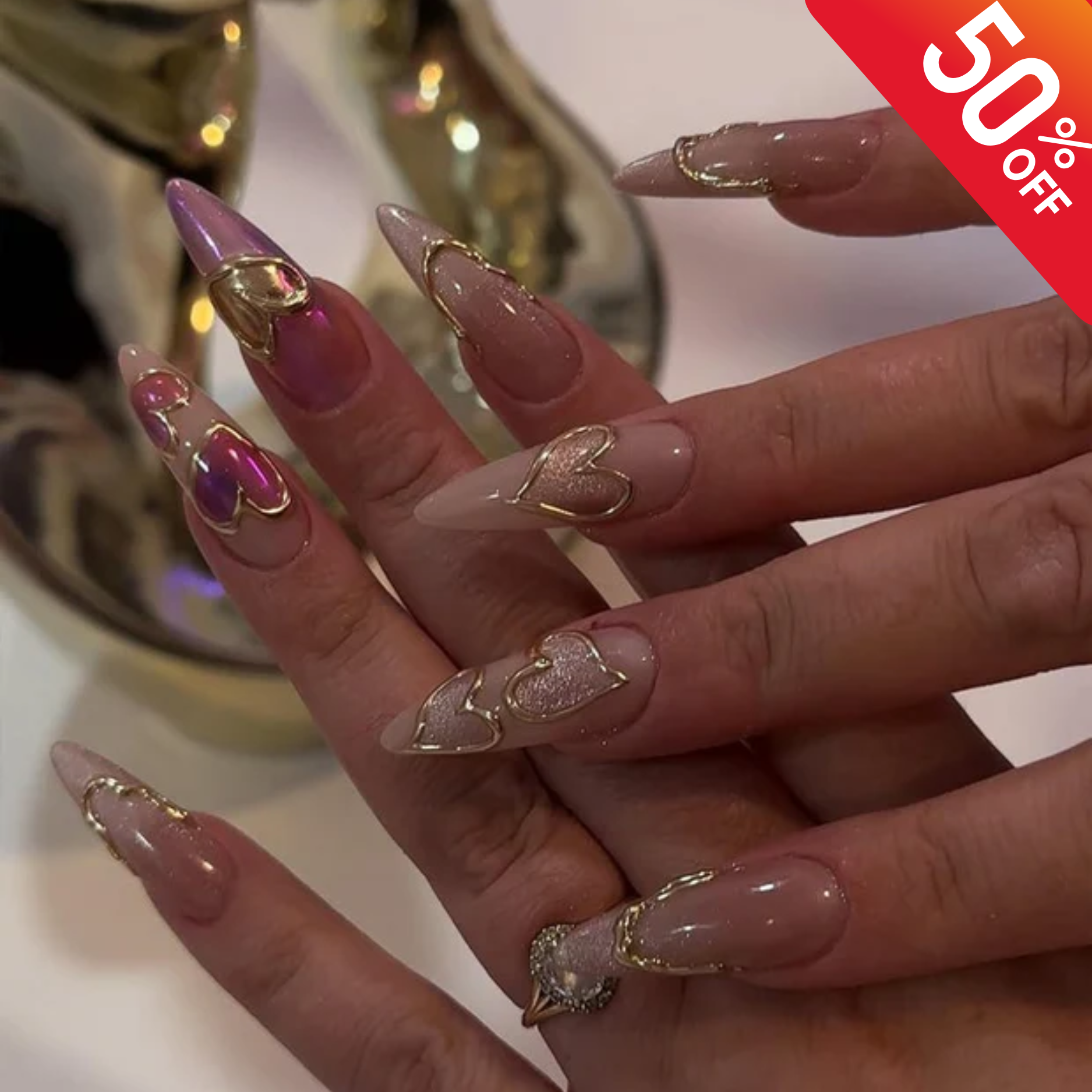 Pink Heart Chrome Press On Nails | Nude Pink & Gold French Tip Nail Art | Handmade Glam Press Ons | Handmade Aesthetic Nails