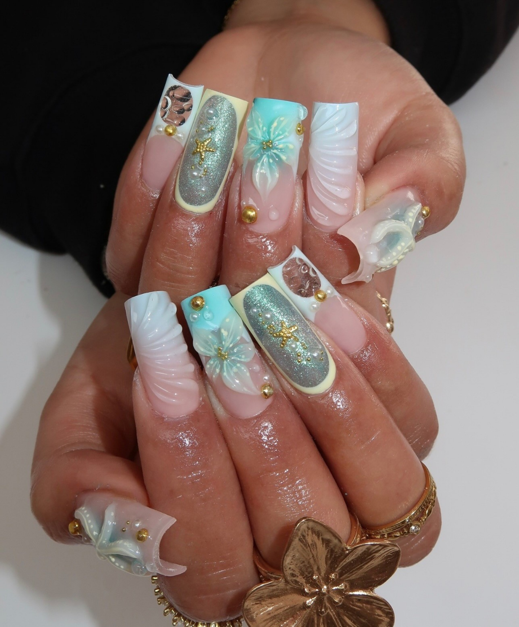 Handmade 3D Tiffany Blue Mermaid Press On Nails | Sculpted Sea Foam Shell Luxury Fake Nails | Long Square Starfish Nails for Summer Vacation